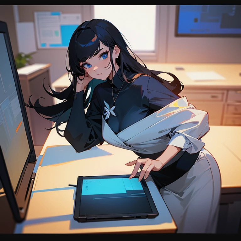 Beautiful woman in designer terno office wear sassy, nerdy glass, busy workplace, front on camera, painting, best quality, focused typing in her laptop, new york office at day, masterpiece, 8k, no extra fingers, whole body, dark long hair with bangs, blue eyes, generic shape, happy soft feature,