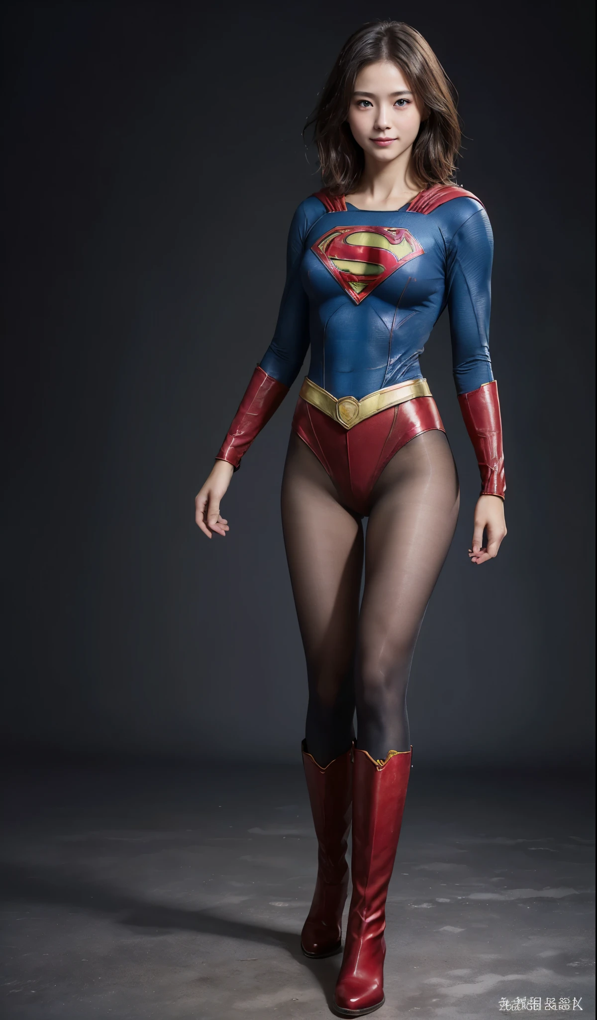 No background、(((Beautiful legs in black tights.)))、(((Legally express the beauty of your smile)))、((((Make the most of your original images)))、(((Supergirl Costume)))、(((Beautiful short bob hair)))、(((suffering)))、(((Please wear black tights....、Wear red boots)))、((Best image quality、8k))、((highest quality、8k、masterpiece:1.3))、(((Preserve background )))、Sharp focus:1.2、Beautiful woman with perfect figure:1.4、Slim Abs:1.2、Wet body:1.5、Highly detailed face and skin texture、8k