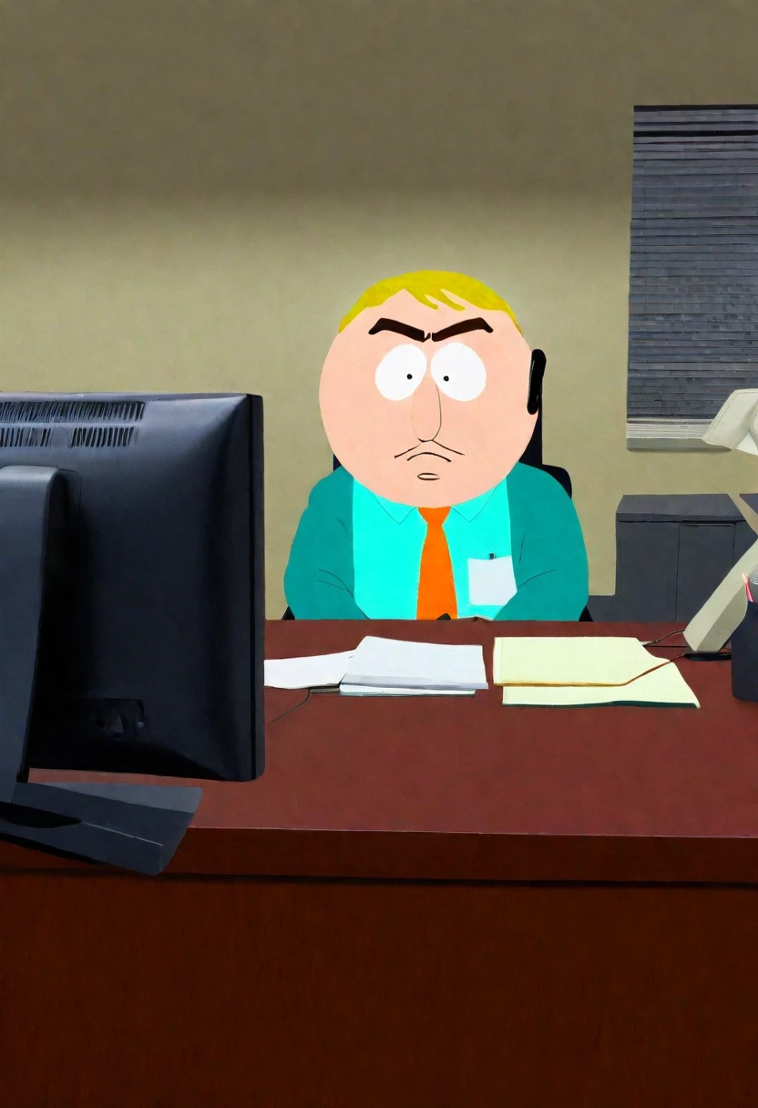 men sitting at a desk in an office with a computer, real life, south park, in style of south park, sitting at his desk, eric cartman in real life, south park style, real life, john redcorn, fry, sitting in dean's office, unedited, in the office, hr ginger, ron, sitting at a desk