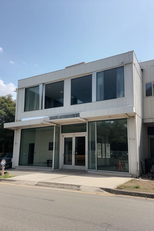 build a rectangle structure of a building , with a glass door infront, more big building structure, in a roadside . the building is for a photography studio. the glass door is for the entrance only. the building is one storey only. front view 