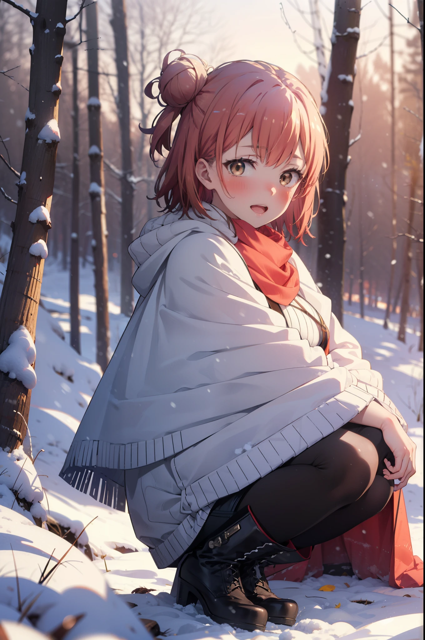 yuiyuigahama, yui yuigahama, short hair, (Brown eyes:1.5), (Pink Hair:1.2), Hair Bun, single Hair Bun, smile, (Big Breasts:1.2),smile,blush,White Breath,
Open your mouth,snow,Bonfire on the ground, Outdoor, boots, snowing, From the side, wood, suitcase, Cape, Blurred, forest, White handbag, nature, Squat, Mouth closed,Cape, winter, Written boundary depth, Black shoes, red Cape break looking at viewer, Upper Body, whole body, break Outdoor, forest, nature, break (masterpiece:1.2), highest quality, High resolution, unity 8k wallpaper, (shape:0.8), (Beautiful and beautiful eyes:1.6), Highly detailed face, Perfect lighting, Highly detailed CG, (Perfect hands, Perfect Anatomy),