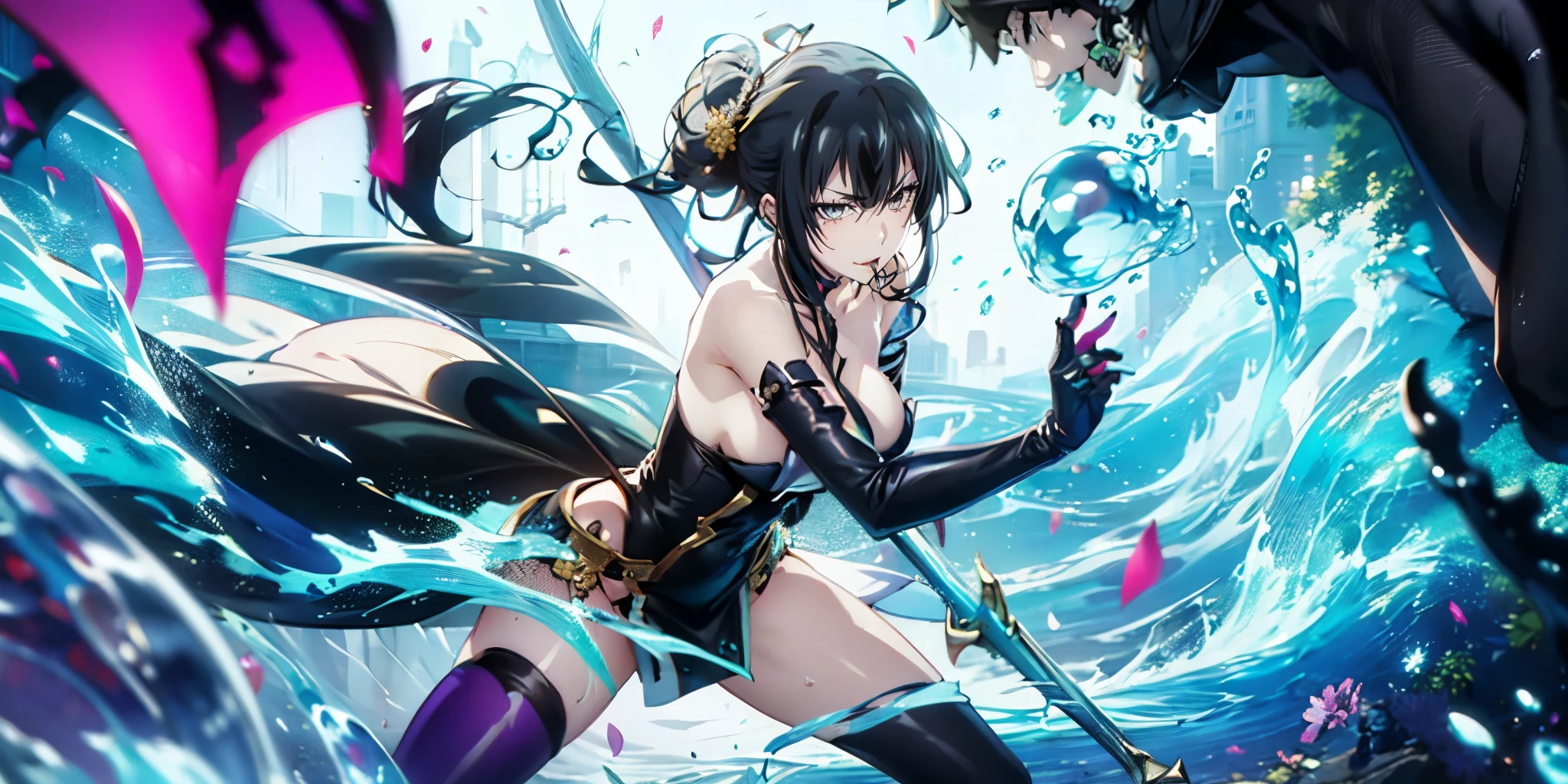 (black hair, long hair:1.3), yukinoshita yukino, curvy, ((anatomically correct:1.3)), heavy breathing, huge breasts, epic art, fantasy, breast press, solo, thighhighs, bare_shoulders, dress, purple_legwear, cleavage, nail_polish, gloves, katana, looking_at_viewer, strapless, blurry, collarbone, black_dress, elbow_gloves, strapless_dress, water, (shaded face:1.2), hollow eyes, grey eyes, looking at viewer, (heavy breathing:1.2), smirk, upper teeth, glaring eyes, simple background,