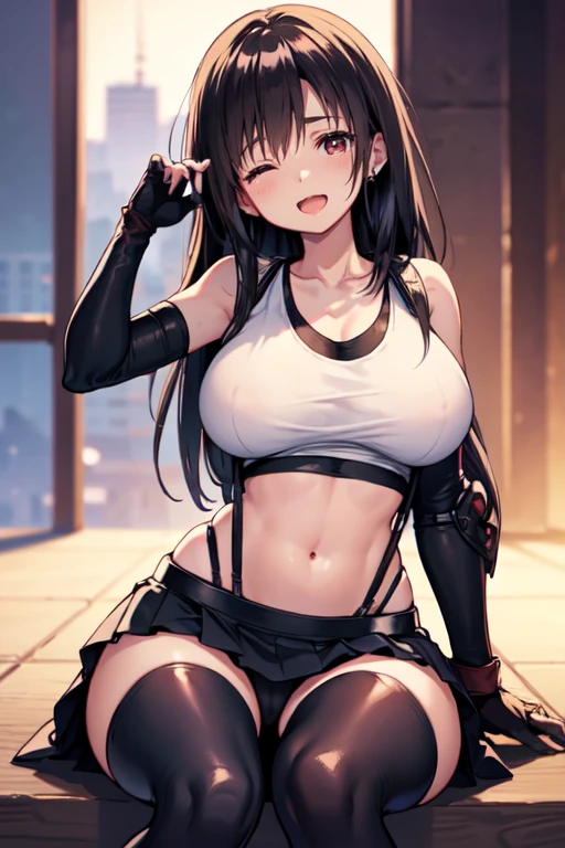 (blurry:1.5),sharp focus, professional lighting, depth of field, cinematic lighting,(Realistically：1.2)，quality，Very delicate and beautiful，Huge tits,((ameizing cute)),,(20 years old),{(best quality}),(8k, RAW photo, masterpiece), (A young female character in anime style),(extremely detailed 8k wallpaper),, (beautiful face:1.3),(beautiful body:1.3),1 Girl, Tifa Lockhart lookalike, , Generally poor breasts, Long Hair, gloves, In a skirt, Thighs, 指のないgloves, suspenders, Belly button, Solo, Looking at the Viewer, Black Skirt, suspenders・スカート, 黒いThighs, Tight,Waistline:1.2、 Elbow pads, Red Eyes, breast,wide boob,rocket breast,(Tank top:1.5) , Black Hair, Elbow Gloves,  Arm guard,((abdomen)) , Daytime, Pleated Skirt,  Black Gloves, Absolutely delicious, ,[[Light abdominal exercises]] , Curvaceous, Swept bangs, (cowboyshot:1), City Street,Skin tight, (.),(smile),,perfect hands,, (Low waist:1.3),,arms support, (open mouth, one eye closed),from,pantiesshot,sittinggirl,