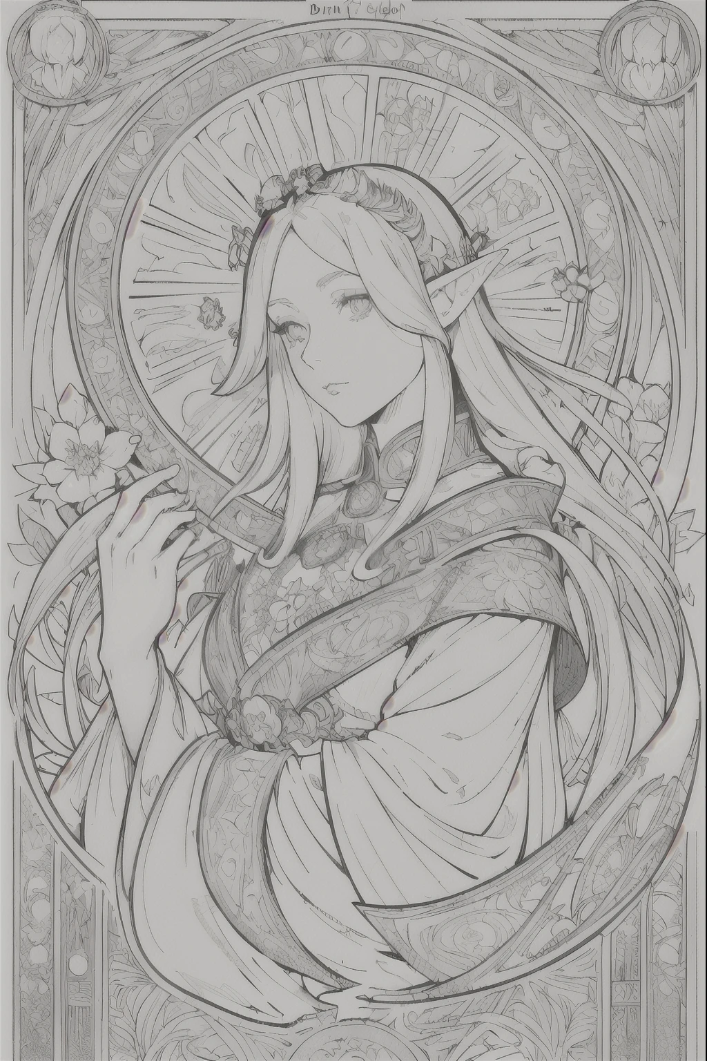 Tarot Cards, 1 Elf girl,Portrait of the face of a European elf,Shapeless long hair, Shiny skin, Detailed face, Wearing patterned robes, Sumeru,cloud, moon,((Tarot Cardsのレイアウト)),highest quality, masterpiece, (Realistic:0.6), Realistic lighting,Floral frame, Decorative panel, Abstract art, (Alphonse Mucha) (masterpiece, highest quality, 8k, Very detailed, Intricate details, 4K,Cerulean, Line art, Fibonacci.