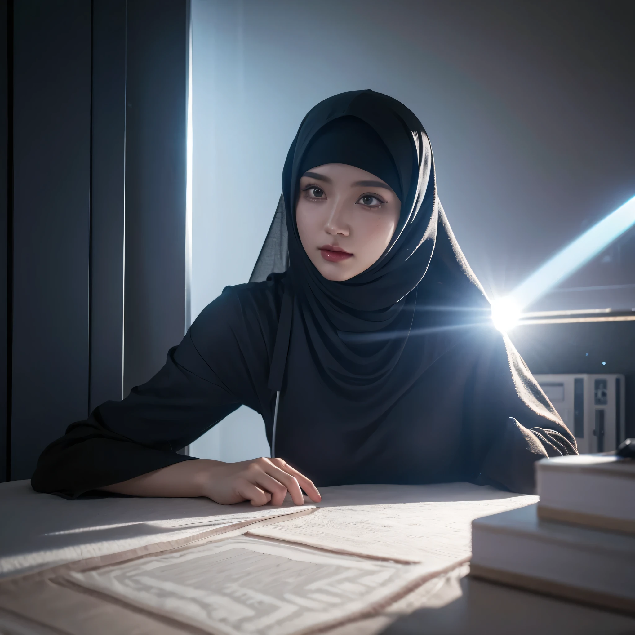 hijabi, reflection light, chiaroscuro, depth of field, cinematic lighting, ray tracing, Sony FE GM, UHD, super detail, masterpiece, textured skin, high details, best quality, award winning，3D, A beautiful cyberpunk female image,hdr（HighDynamicRange）,Ray traching,NVIDIA RTX,Hyper-Resolution,Unreal 5,Subsurface scattering、PBR Texture、post-proces、Anisotropy Filtering、depth of fieldaximum definition and sharpnesany-Layer Textures、Albedo e mapas Speculares、Surface coloring、Accurate simulation octane rendering of light-material interactions、Two-colored light、largeaperture、Low ISO、White balance、the rule of thirds、8K raw data、blackstockings