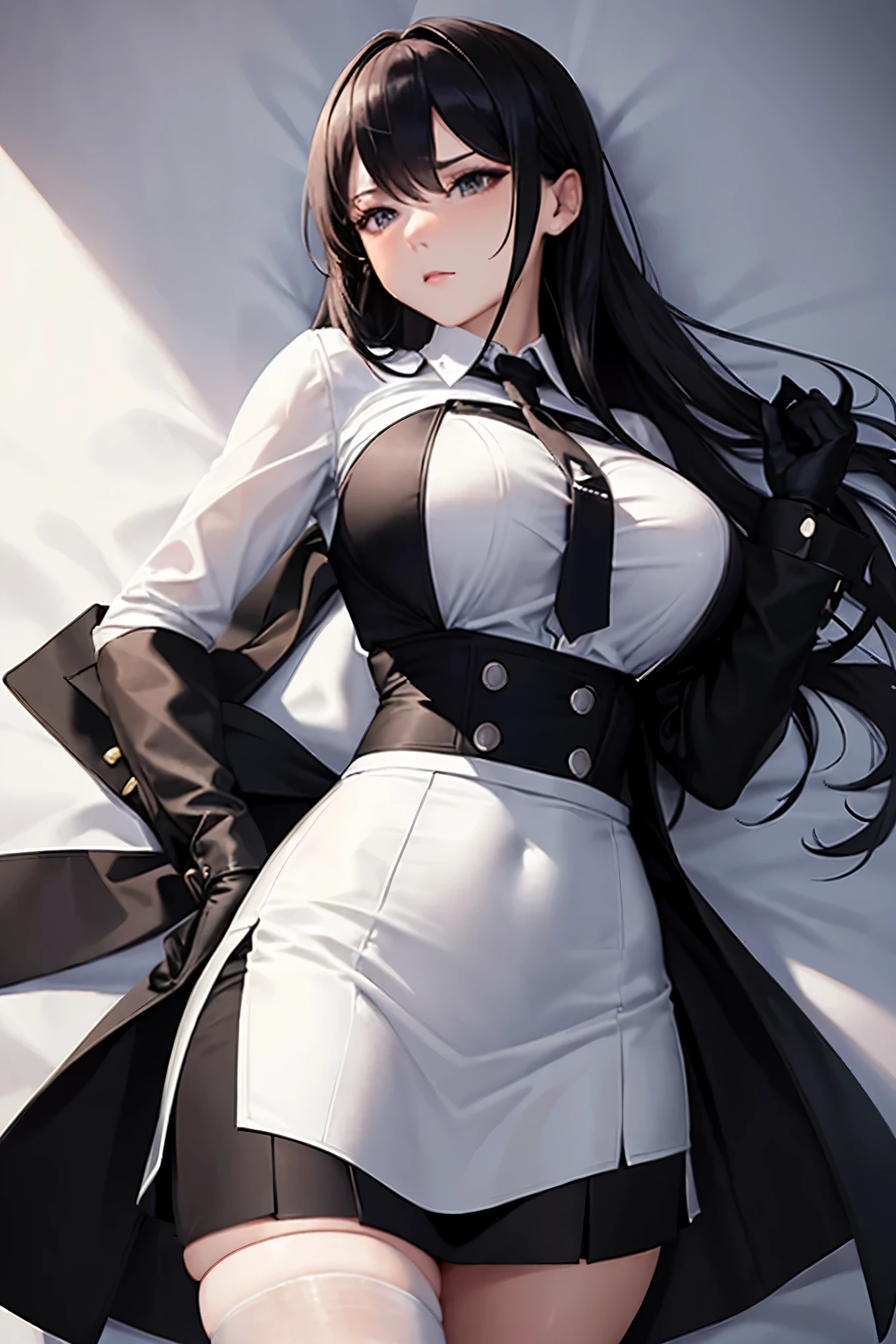 Kimi donned a pair of black gloves and a white shirt, complete with a tie attached at the top. The lower half of her outfit consisted of a short black skirt, accompanied by snug black tights concealed beneath it. Her ample chest, with its prominent curves, pressed against the shirt, dangerously threatening to burst the shirt's buttons.