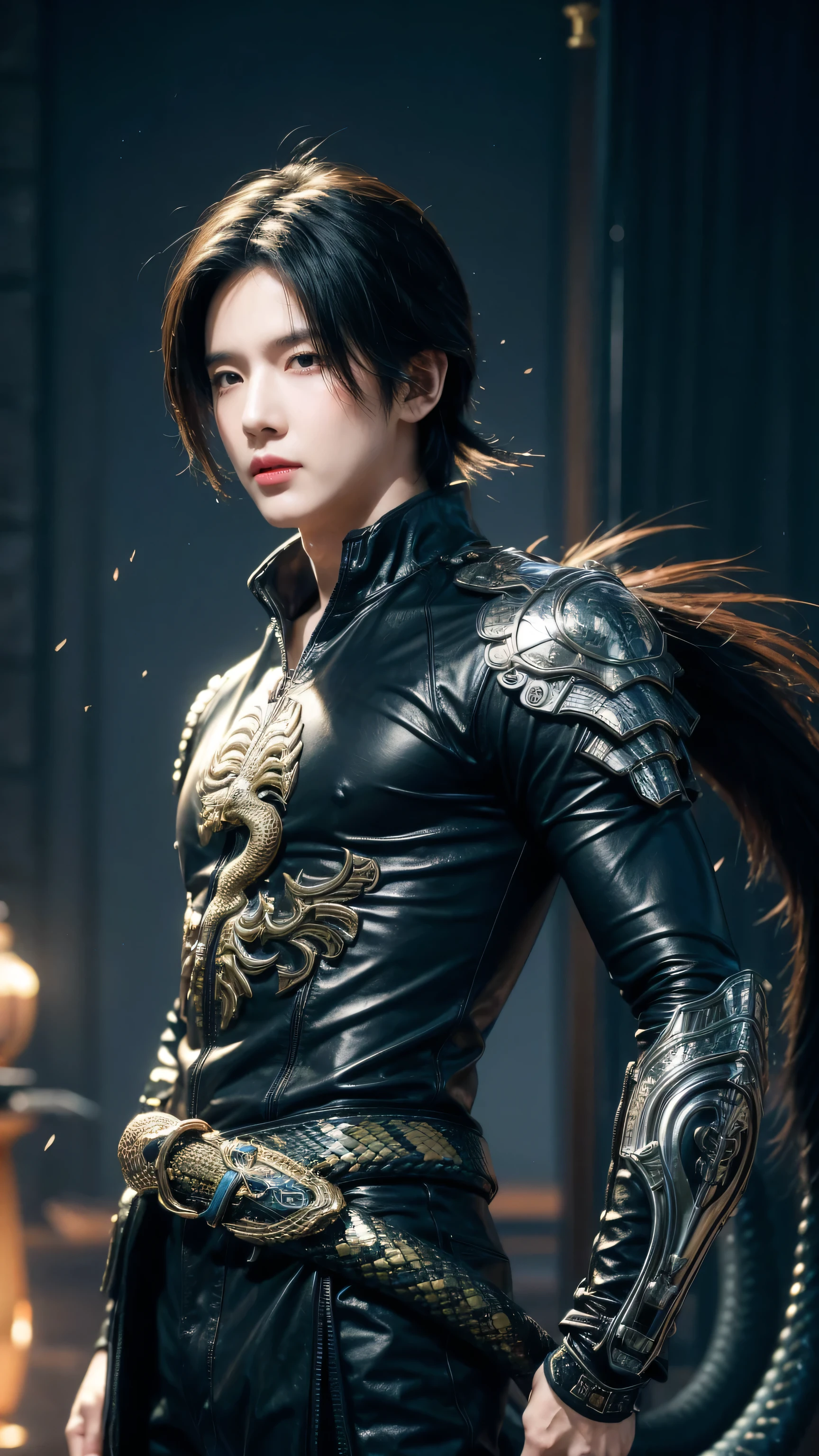 masterpiece, best quality, {best quality}, {{masterpiece}}, {high resolution}, Japanese cartoons, 1 boy, Adult male, attractive, Dissonance, 羽Snake God, Kukulkan, Snake God, dragon, snake, flying feather, feather, Aztek, Kaneko, Kaneko, thunder, thunder