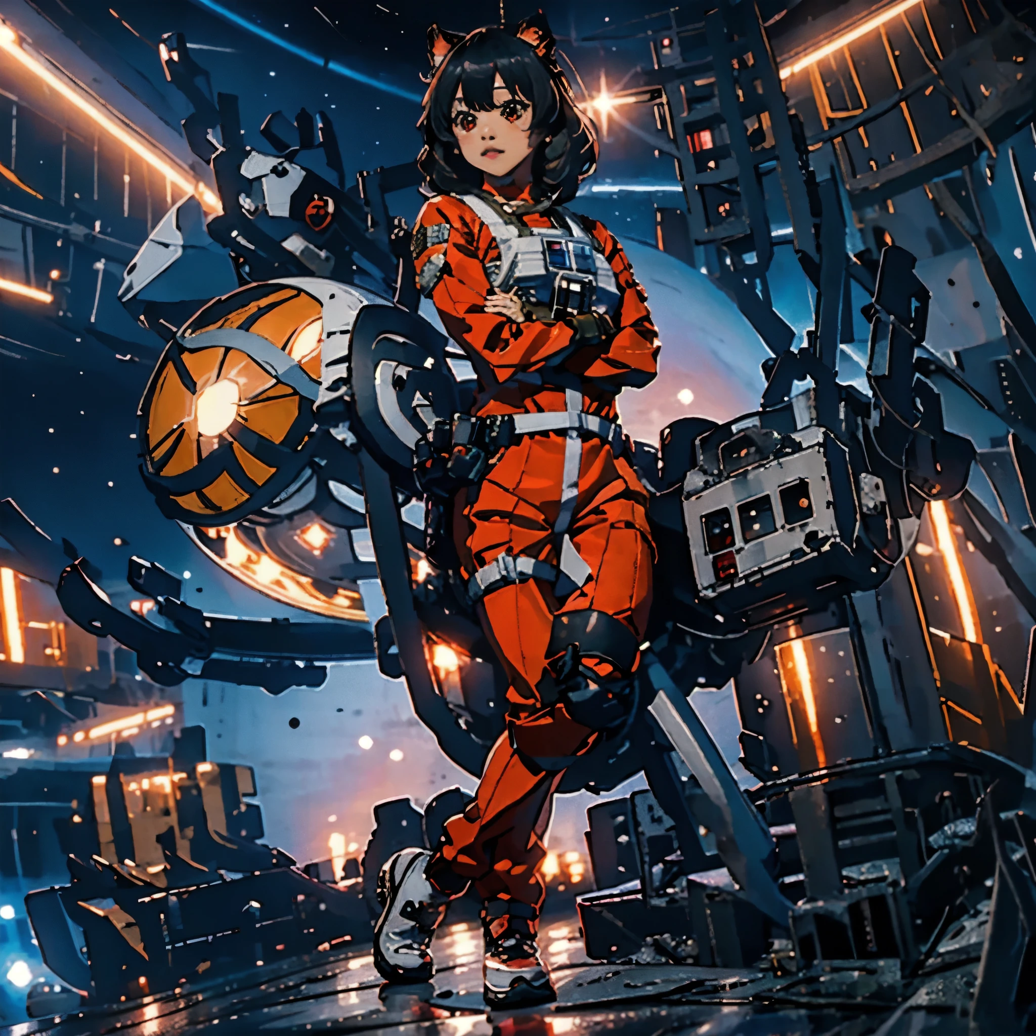 junkotvv with rebel pilot suit in the air force hangar.,(cabello largo ????? con orejas de gato), (ojos rojos), foto cruda, 8k hd, DSLR, Soft lighting, alta calidad,(espacio, galaxia)