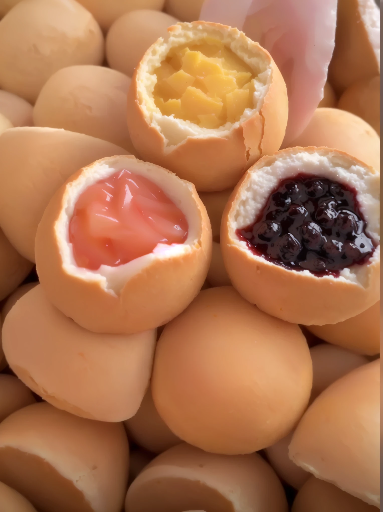 Bread with jam, 4k polymer clay food photography, Hyper-realistic food pictures,, raw, simple, translucent , Video Stills, holding in the hands easter hell color