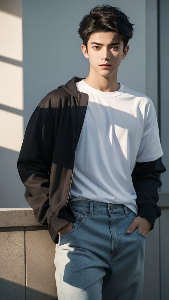 A realistic black-haired teenage boy, (same realistic hairstyle), realistic handsome face, realistic cool expression, adapt the same realistic clothes,realistic light, realistic shadows, realistic background, good image quality, very good image results, 4k, ultra detailed, realistic