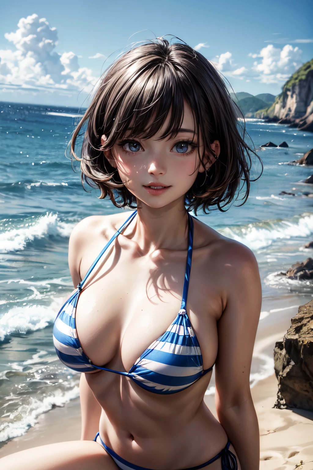 very cute and beautiful girl,(highly detailed beautiful face),blue and white striped bikini,
sitting,looking at viewer,beach,distant rugged cliffs,(smile),black hair,
(best quality,masterpiece),absurdres,highres,ultra-detailed,extremely detailed,32k,
cinematic scene,detailed background,solo,dynamic angle,
hair fluttering in the wind,beautiful detailed sky,