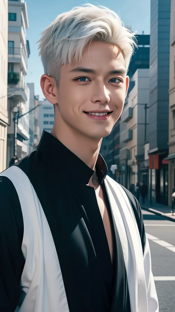 1male, gojo satoru in anime jujutsu kaisen, short hair , white hair, blue eyes, handsome, black clothes, smile, realistic clothes, detail clothes, city background, ultra detail, realistic