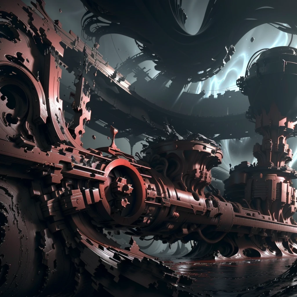 There is a very large red object in the middle of a dark background, 3 d Fluid simulation render, chaotic swirling ferrofluids, rendered in houdini, houdini Fluid simulation, Epic 3D Abstract Model, Fluid simulation in houdini, Fluid simulation, rendered in maya and houdini, rendered, black Fluid simulation, intricate artwork. Octane render