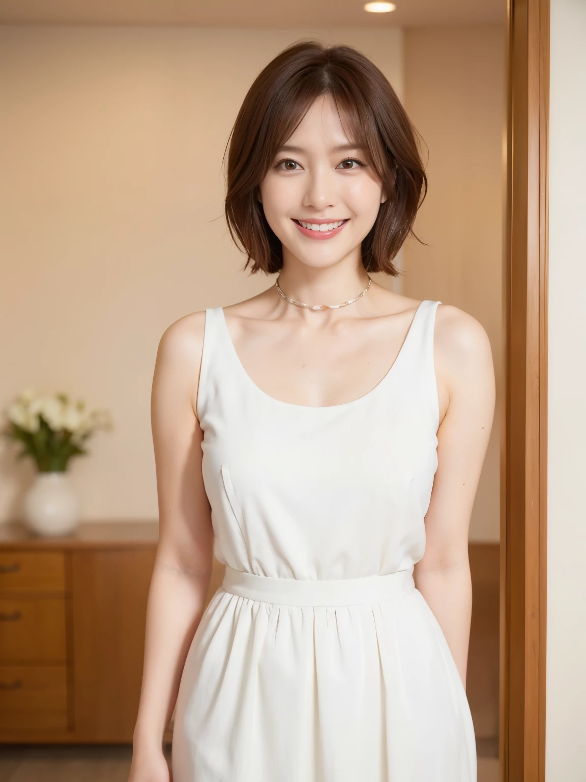 8k, super detail, best quality, textured skin, anatomically correct, masterpiece , top quality, cinematic lighting, Use perspective throughout , surrealism , ,(photorealistic:1. 3),(RAW photo) , black hair, light smile, short hair, bob cut, anaglyph, stereogram, (MILF:1), (38 years old), ((Close:0.5)), glare, double eyelids, lip gloss, (smile:1), ((eyes closed:0.85)), red mouth, collar bone, ((looking at viewer)), (short auburn hair wet and shiny), (full body in view) , Slightly thicker body shape , wide-eyed eyes , perfectly round eyes , fine texture ,（In a fitting room at a clothing store:1.5）、（Wearing a formal white dress:1.5）、（Dress with ruffled collar:1.2）、（smile:1.3）、（Watching the audience:1.2）、