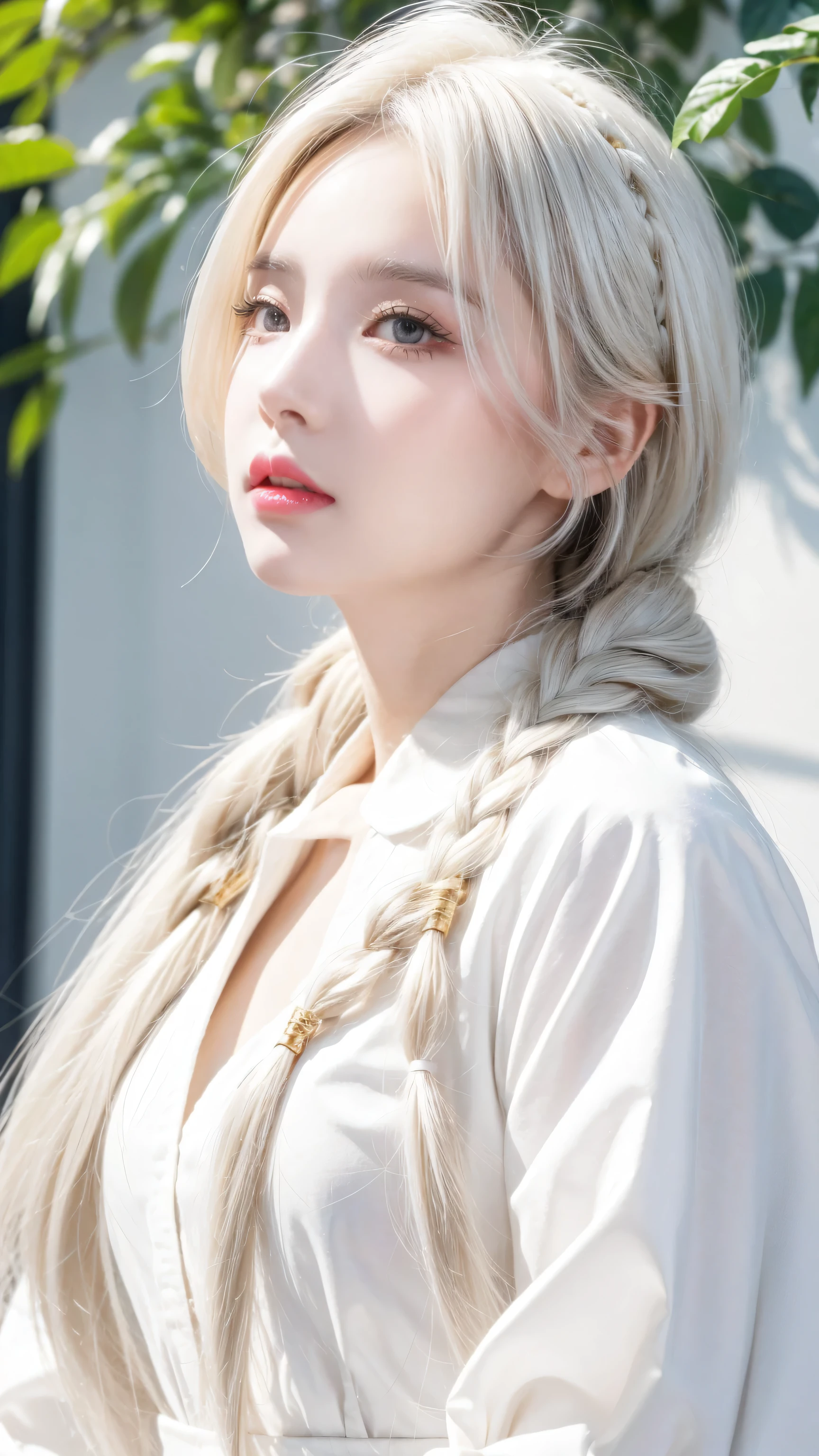 best quality, masterpiece,white hair, Golden Eyes,White clothes, look up, Upper Body,Hair,White skin,Side Braid