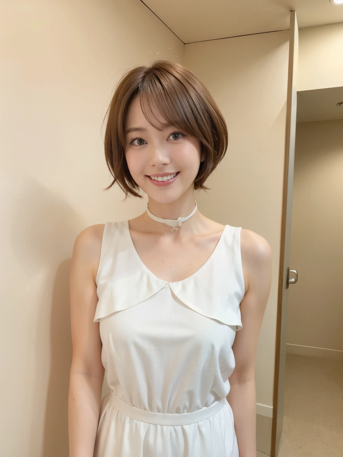 8k, super detail, best quality, textured skin, anatomically correct, masterpiece , top quality, cinematic lighting, Use perspective throughout , surrealism , ,(photorealistic:1. 3),(RAW photo) , black hair, light smile, short hair, bob cut, anaglyph, stereogram, (MILF:1), (38 years old), ((Close:0.5)), glare, double eyelids, lip gloss, (smile:1), ((eyes closed:0.85)), red mouth, collar bone, ((looking at viewer)), (short auburn hair wet and shiny), (full body in view) , Slightly thicker body shape , wide-eyed eyes , perfectly round eyes , fine texture ,(In a fitting room at a clothing store:1.5)、(Wearing a formal white dress:1.5)、(Dress with ruffled collar:1.2)、(smile:1.3)、(Watching the audience:1.2)、