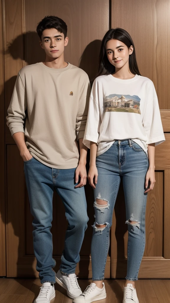 a boy and a girl, twins, Brother and sister, Exactly the same, in jeans and shirts, stand next to each other in full growth, The boy is modest and calm, The boy has a book in his hands, The girl smiles broadly, Kind of hooligan, In his left hand is a wooden sword, soft light, Detailed, High-quality textures, Realistic