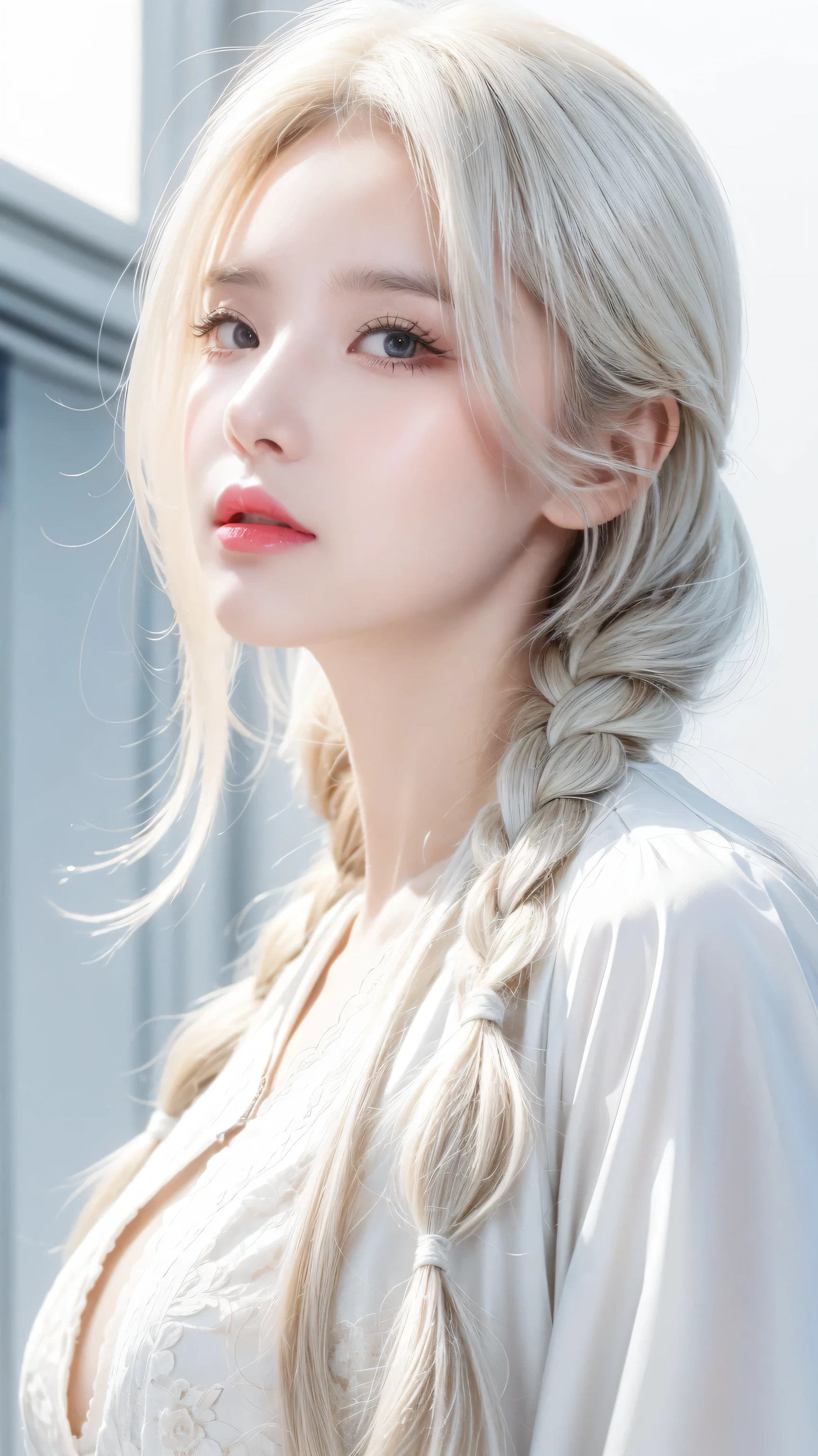 best quality, masterpiece,white hair, Golden Eyes,White clothes, look up, Upper Body,Hair,White skin,Side Braid