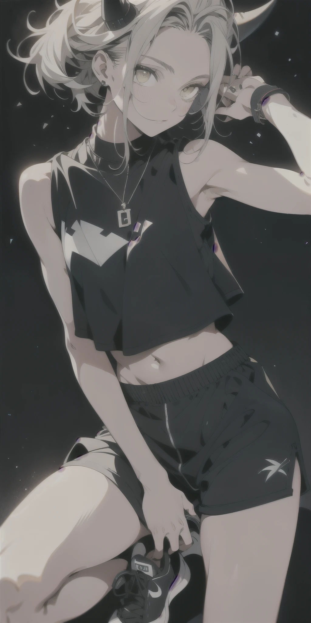 male, boy, Skinny athletic body, black sleeveless fitted t-shirt, , black shorts, Beautiful torso, Beautiful abs, relief body, bright yellow eyes, cold look, Long blue hair, mole on both cheeks, blue sports shoes, hands covered in black, legs covered in black, blue pattern on a t-shirt, black shorts с синими полосками, blue nails,  small black horns