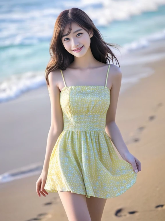 Photo-realistic quality、Close-up of a woman in a dress on the beach, beautiful18Japan old woman, wearing Sundress, Cute young woman, Beautiful girl model, cute Sundress, looking at the camera、Cute and elegant pose, Sundress, beautiful若い日本人女性, Cute young woman, In a dress, Young and pretty girl, Cute Smile、looking at the camera、A soft and gentle look、Detailed and beautiful eyes、Elegant mouth、Small Mouth