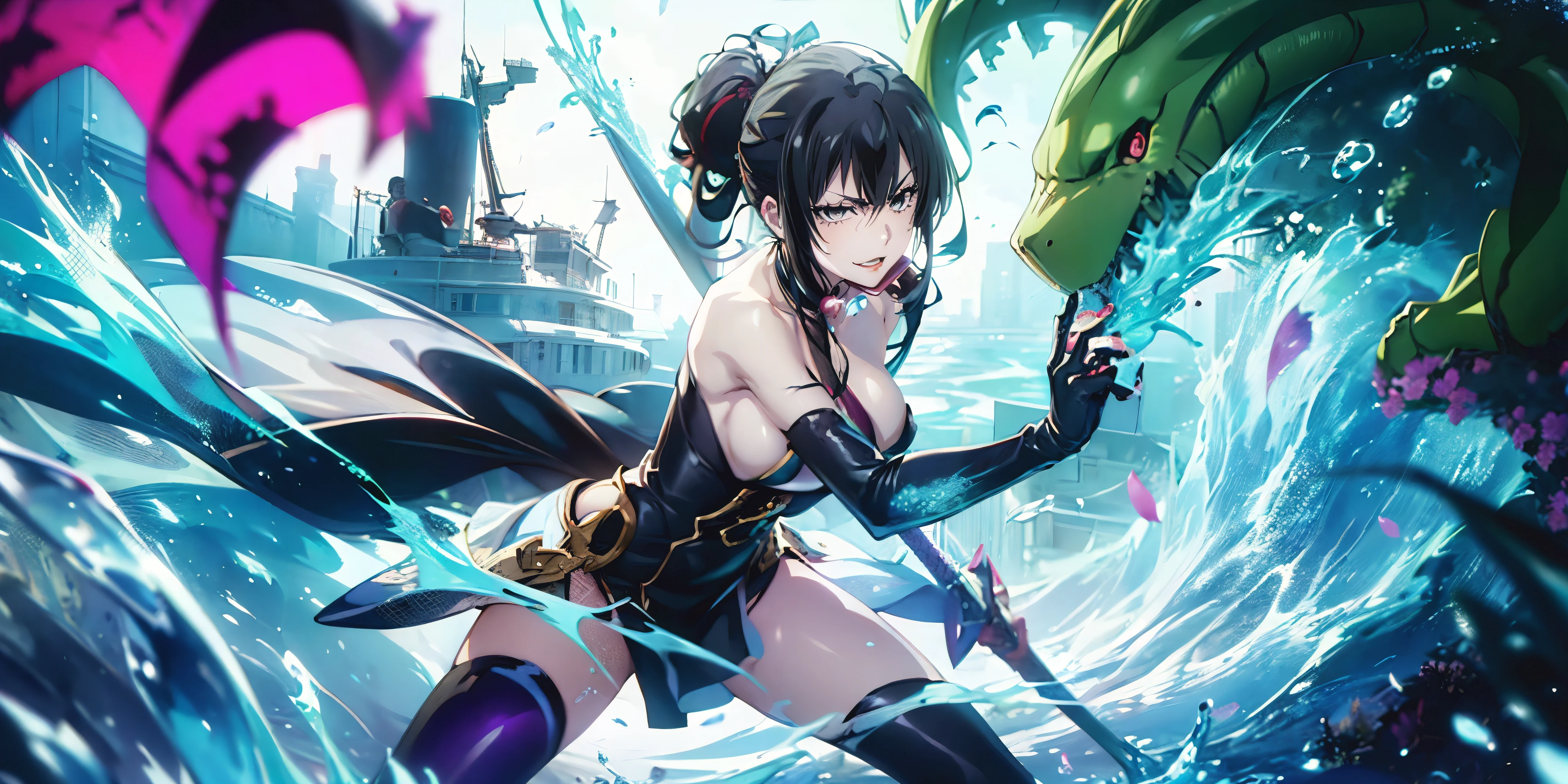 (black hair, long hair:1.3), yukinoshita yukino, curvy, ((anatomically correct:1.3)), heavy breathing, huge breasts, epic art, fantasy, breast press, solo, thighhighs, bare_shoulders, dress, purple_legwear, cleavage, nail_polish, gloves, katana, looking_at_viewer, strapless, blurry, collarbone, black_dress, elbow_gloves, strapless_dress, water, (shaded face:1.2), hollow eyes, grey eyes, looking at viewer, (heavy breathing:1.2), smirk, upper teeth, glaring eyes, simple background,