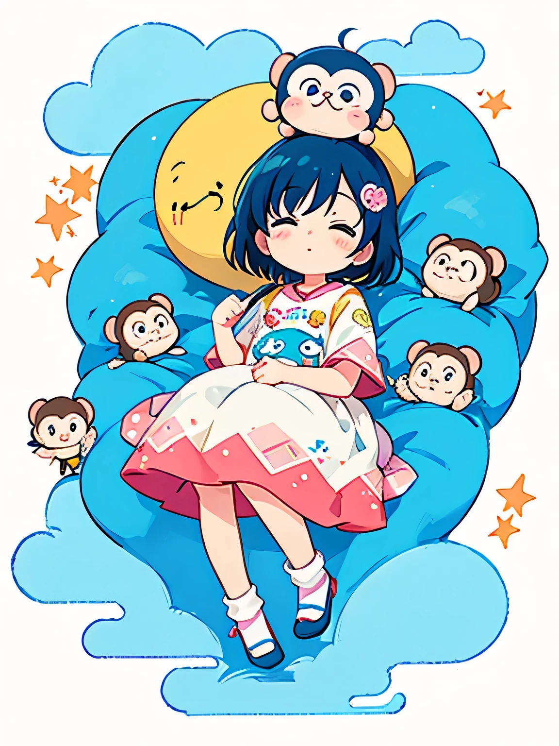 Fujio Akatsuka Style, Kawaii Design, most beautiful girl ever、Chibi, ey、nap、on the cloud