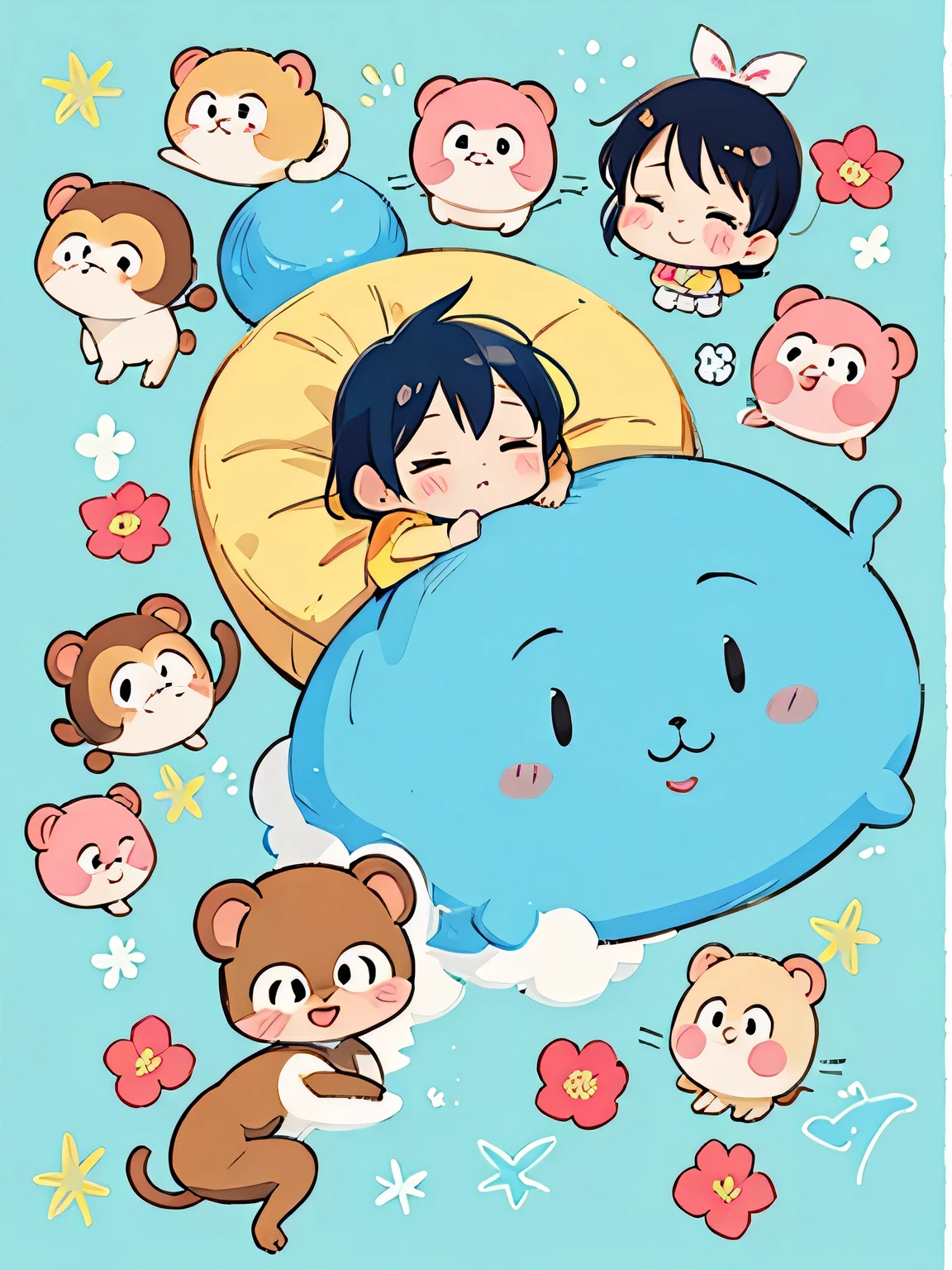 Fujio Akatsuka Style, Kawaii Design, most beautiful girl ever、Chibi, monkey、nap、on the cloud