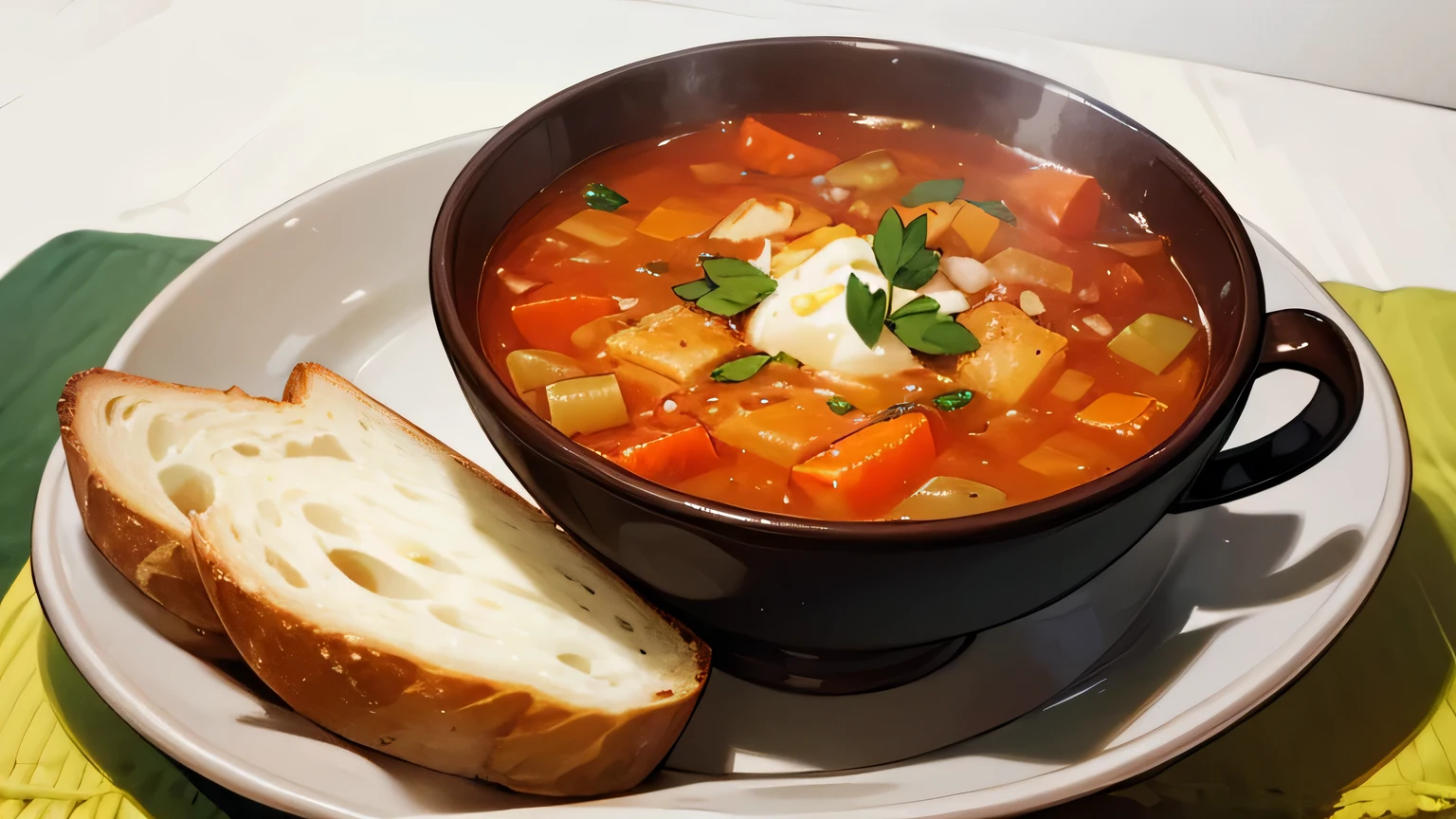 A slice of bread and soup on a small table