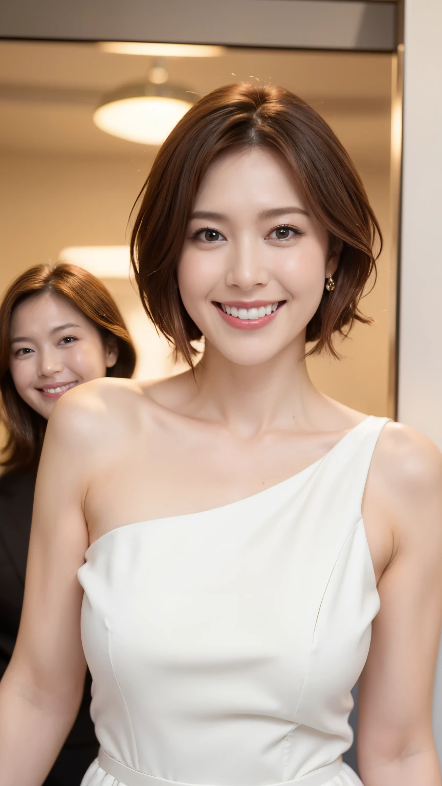 8k, super detail, best quality, textured skin, anatomically correct, masterpiece , top quality, cinematic lighting, Use perspective throughout , surrealism , ,(photorealistic:1. 3),(RAW photo) , black hair, light smile, short hair, bob cut, anaglyph, stereogram, (MILF:1), (38 years old), ((Close:0.5)), glare, double eyelids, lip gloss, (smile:1), ((eyes closed:0.85)), red mouth, collar bone, ((looking at viewer)), (short auburn hair wet and shiny), (full body in view) , Slightly thicker body shape , wide-eyed eyes , perfectly round eyes , fine texture ,(In a fitting room at a clothing store:1.5)、(Wearing a formal white dress:1.5)、(Dress with ruffled collar:1.2)、(smile:1.3)、(Watching the audience:1.2)、(D cup breasts:1.5)