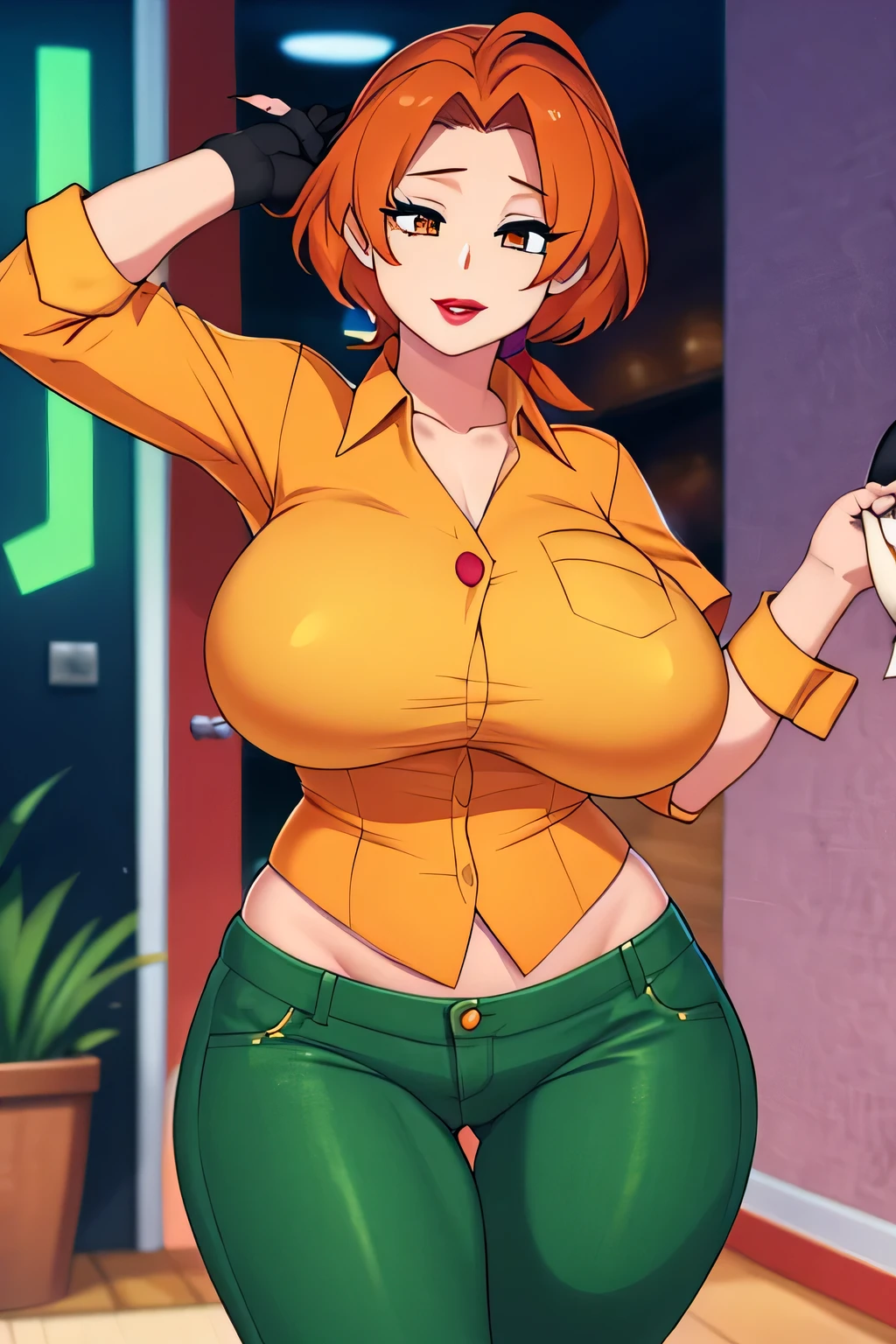 A tall sexy attractive beautiful woman, beautiful youth, big breast, short orange hair, cut her brown eye, eyelash, slim, black, red lip, she wears a green button-down shirt and a green denim pants, a black heel, wearing a yellow glove. 