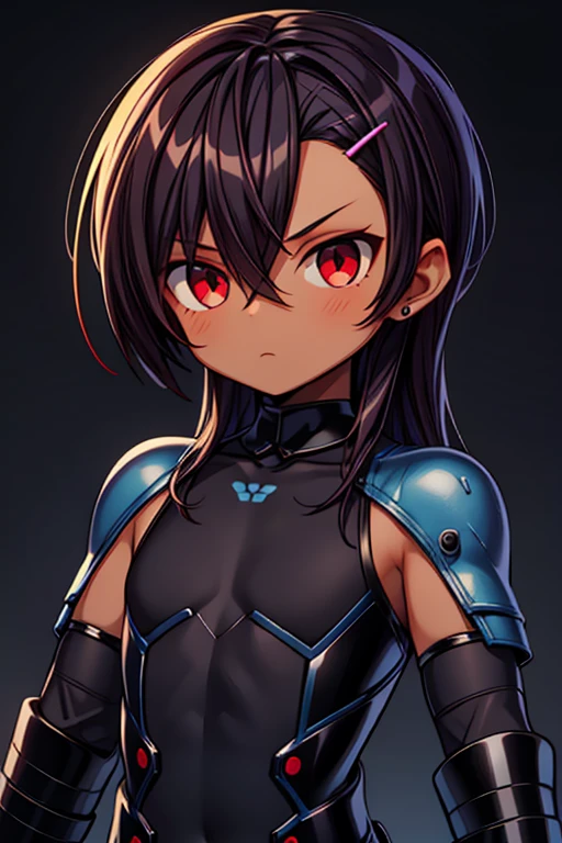 Masterpiece High res, high definition, (((dark skin tone))),dark skin male, dark skin, cute shota,red eyes, black hairpin, brown hair, long dark brown hair,meechs_musame, cyber wear,wearing a black exoskeleton, detached sleeves, black Gauntlets,  black cybertech bodysuit,black exoskeleton ninja suit, black fingerless gloves, blue accents, 
