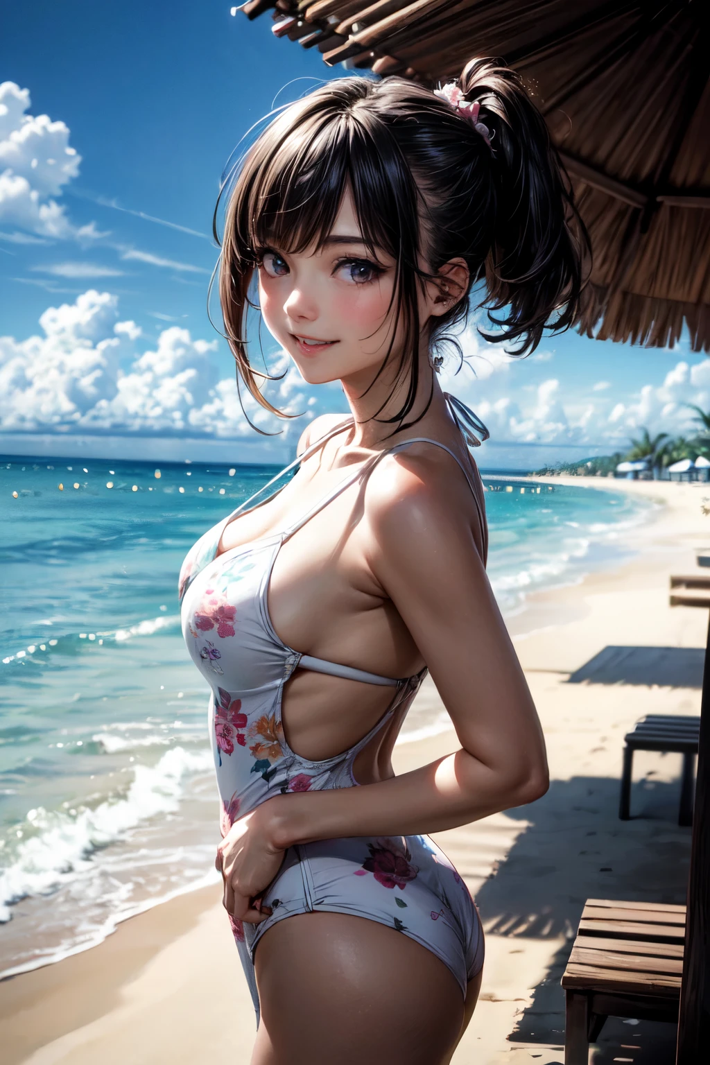 very cute and beautiful girl,(highly detailed beautiful face),one-piece floral print white swimsuit,
standing,arms behind back,looking at viewer,beach,tropical resort hotel,(smile:1.2),black hair,
(best quality,masterpiece),absurdres,highres,ultra-detailed,extremely detailed,32k,
cinematic scene,detailed background,solo,dynamic angle, hair fluttering in the wind,beautiful detailed sky,