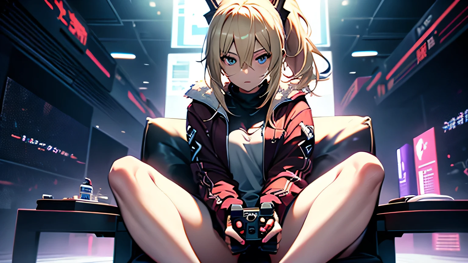 Perfect Face、Addicted to the game、blonde、Smooth Hair、ponytail、Cross-legged、controller