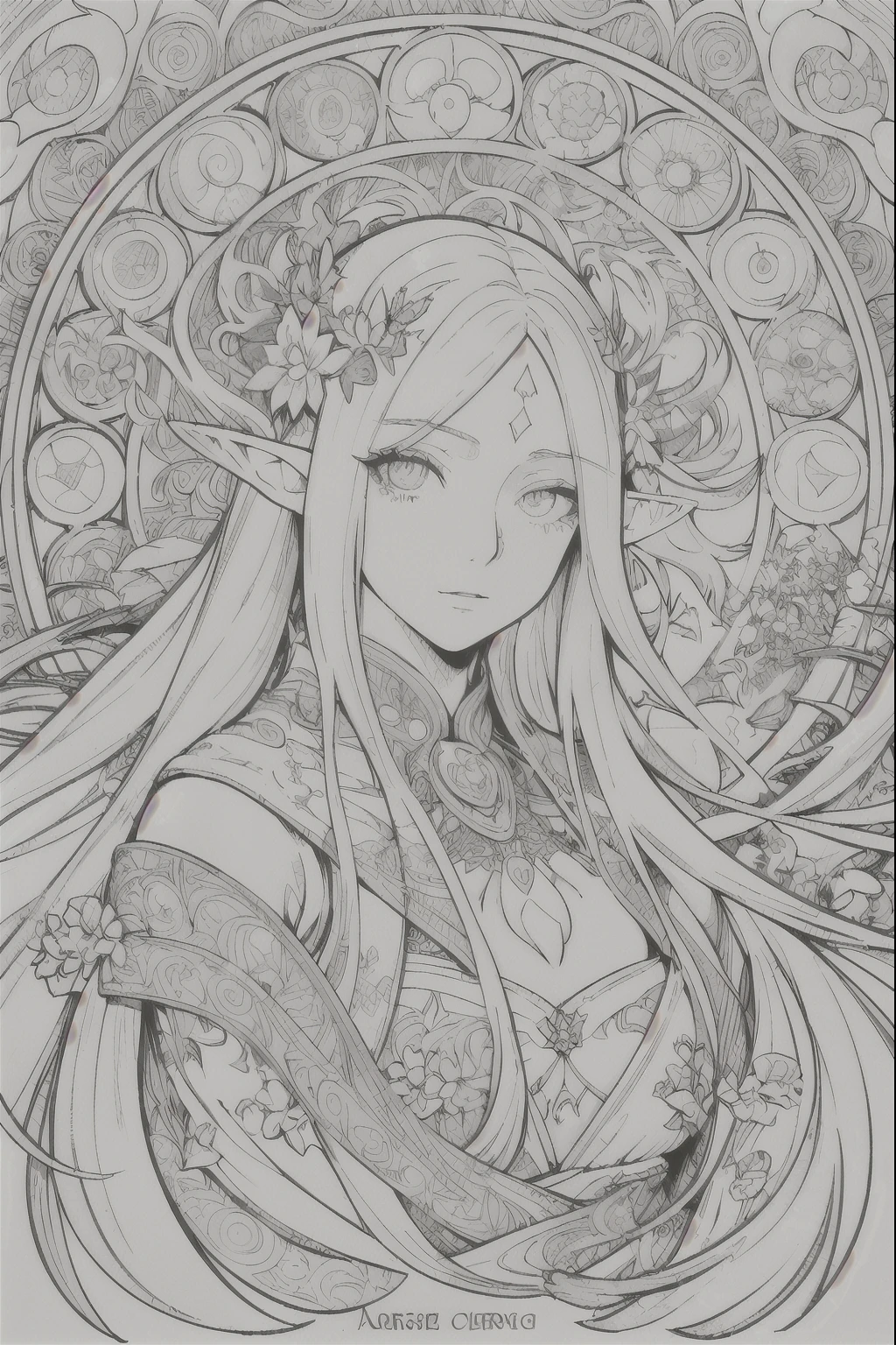 Tarot Cards, 1 Elf girl，Portrait of the face of a European elf，Shapeless long hair, Shiny skin, Detailed face, Wearing patterned robes， Sumeru，cloud, moon，((Tarot Cardsのレイアウト))，highest quality, masterpiece, (Realistic:0.6), Realistic lighting,Floral frame， Decorative panel， Abstract art， (Alphonse Mucha) （masterpiece， highest quality, 8k, Very detailed， Intricate details， 4K，Cerulean， Line art， Fibonacci.