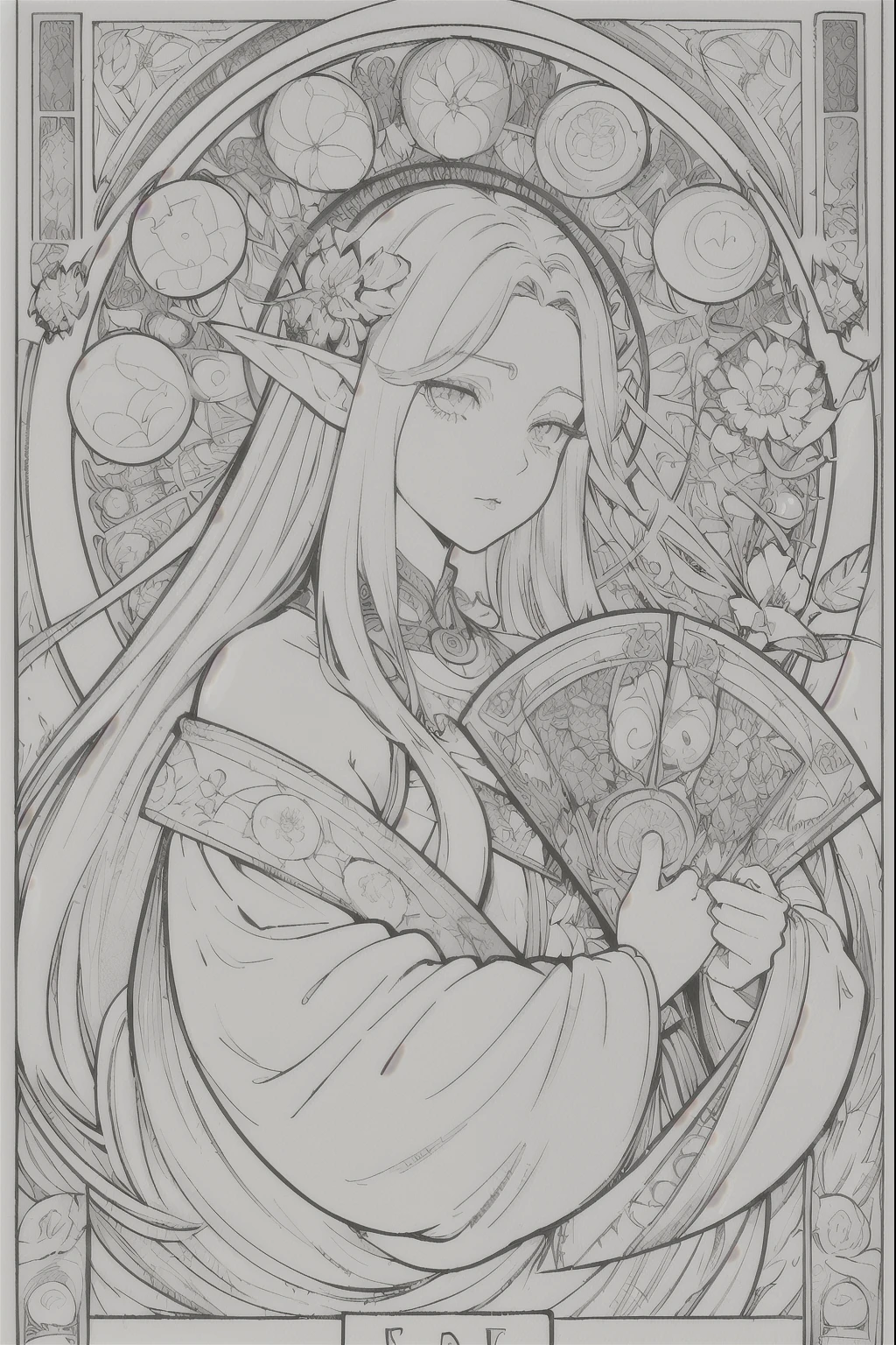 Tarot Cards, 1 Elf girl,Portrait of the face of a European elf,Shapeless long hair, Shiny skin, Detailed face, Wearing patterned robes, Sumeru,cloud, moon,((Tarot Cardsのレイアウト)),highest quality, masterpiece, (Realistic:0.6), Realistic lighting,Floral frame, Decorative panel, Abstract art, (Alphonse Mucha) (masterpiece, highest quality, 8k, Very detailed, Intricate details, 4K,Cerulean, Line art, Fibonacci.