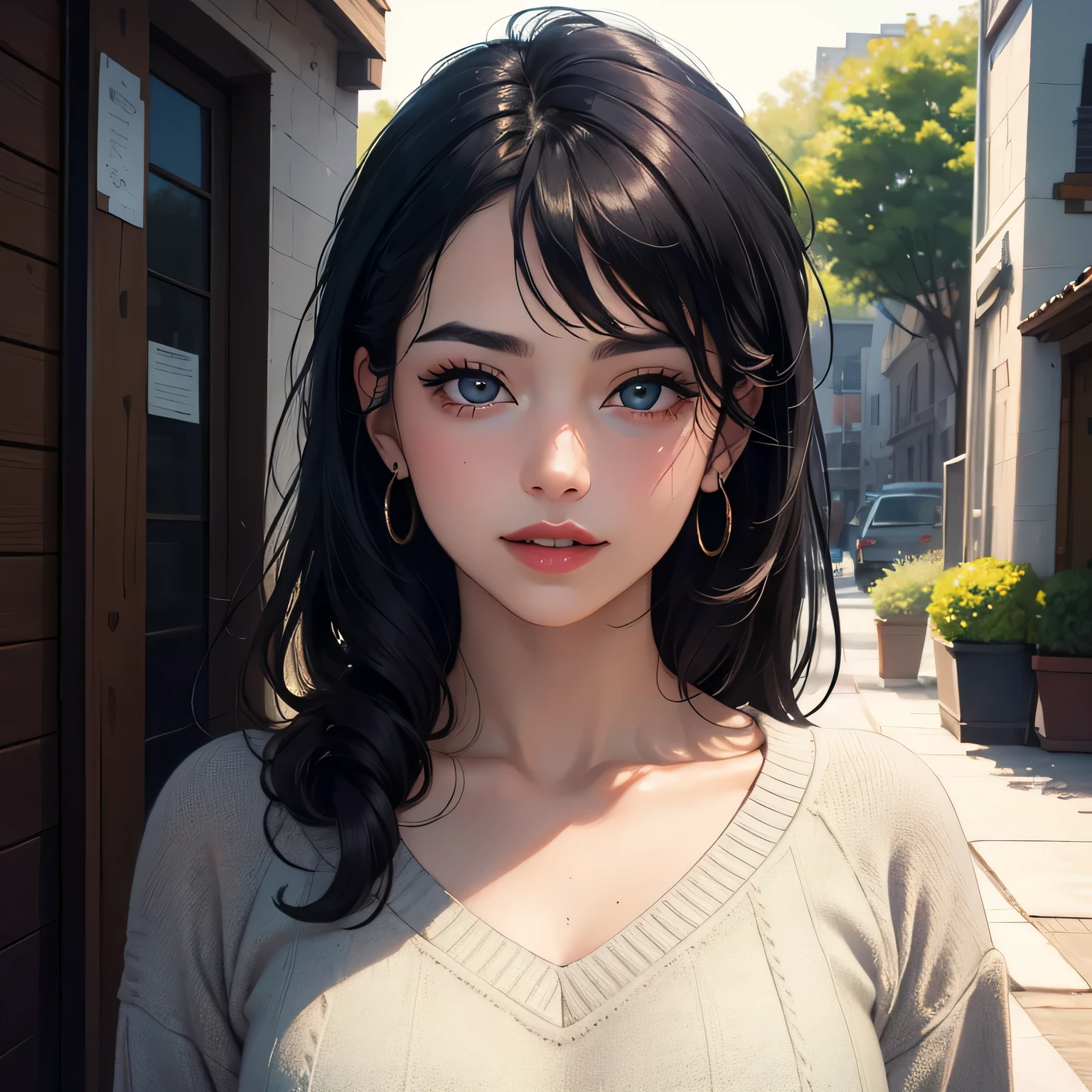 (best quality,highres,masterpiece:1.2),ultra-detailed,(realistic,photorealistic,photo-realistic:1.37),portraits,vivid colors,beautiful detailed eyes,beautiful detailed lips,elegant pose,dark green sweater,cream cargo pants,long black hair,cute ponytail,soft lips,blushing intensely,smiling, seductive gaze,medium chest,perfect body,shadows and highlights,vibrant lighting