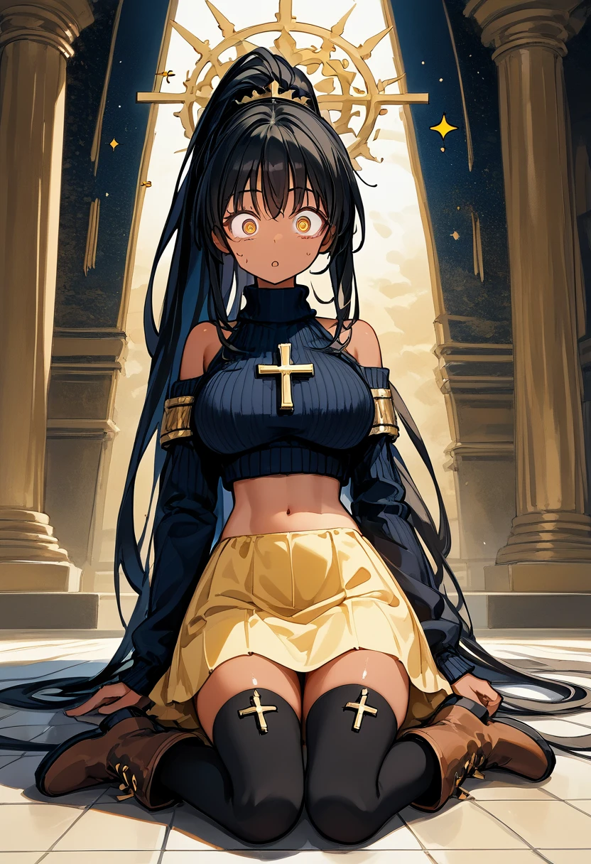 (multicolor black hair and gold stripe wild long hair with volume and high messy ponytail), (black hair: 1.3), (gold hair: 1.2), (black shoulder less sweater: 1.5), (black thigh high stockings: 1.3), (light brown leather boots), (yellow long skirt: 1.3), (divine), (voluptuous), (goddess), (midriff, navel), (athletic body), (slim thighs), (thin waist), (perfect hip), (broad shoulders), (soft saggy supple breasts), (((golden eyes, constricted irises, shrunken pupil, cross eyed, wide open eyes, large eyes))), (masterpiece), (sweaty), (highly detailed), (sleeping sideways with arms crossed on floor), (((surprised expression: 1.2))), (view from front), (full body view), (((tanned skin))), (solo female)