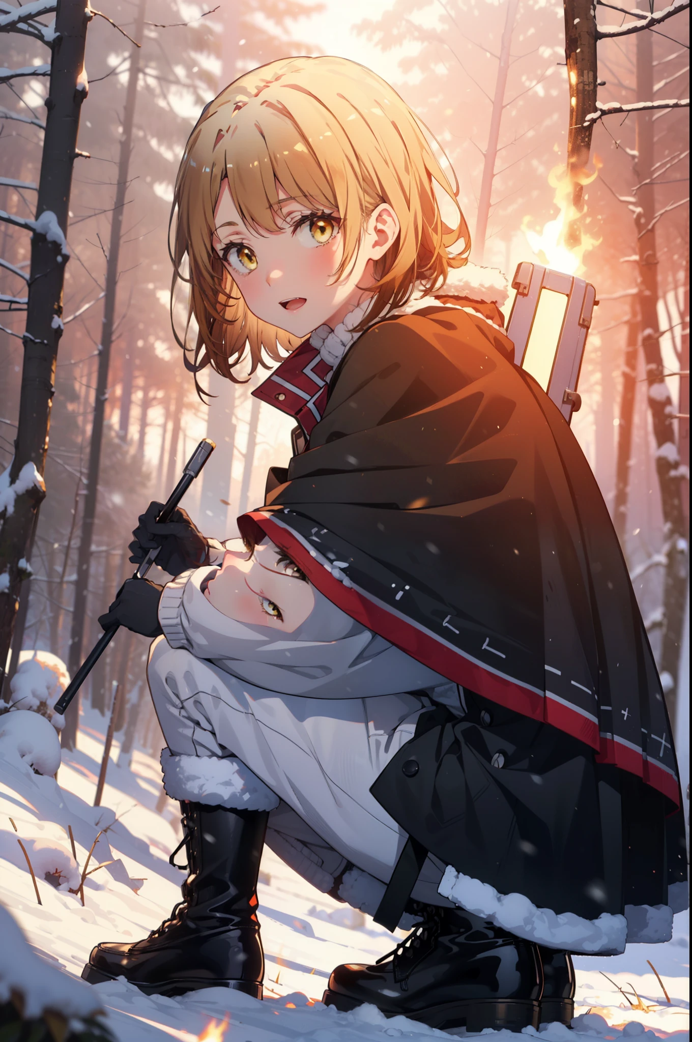irohaisshiki, Iroha Isshiki, short hair, Brown Hair, (Brown eyes:1.5), smile,
Open your mouth,snow, food, fire, Outdoor, boots, snowing, From the side, wood, suitcase, Cape, Blurred, forest, gloves, nature, Brown eyes, red gloves, Squat, Mouth closed, Cape, winter, Written boundary depth, Black shoes, red Cape break looking at viewer, Upper Body, whole body, break Outdoor, forest, nature, break (masterpiece:1.2), highest quality, High resolution, unity 8k wallpaper, (shape:0.8), (Beautiful and beautiful eyes:1.6), Highly detailed face, Perfect lighting, Highly detailed CG, (Perfect hands, Perfect Anatomy),