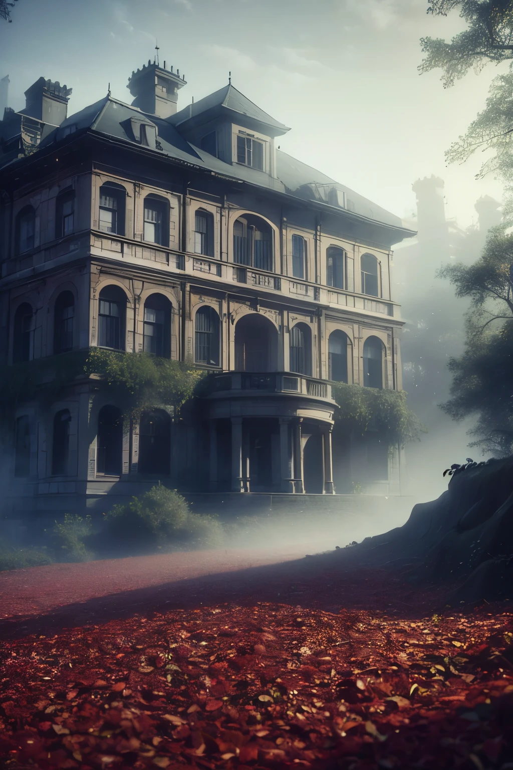 the thick of the forest, late autumn forest, fallen leaves, are trees, fog, red leaves, cloudy day, an old mansion made of white stone, an old building, with brown shutters, high quality photorealistic image, 8K, high detail, perfect precision, perfect composition, Elegant and charming, realistic style, gray colors, shadows, clear details, HD quality, higher lighting style,