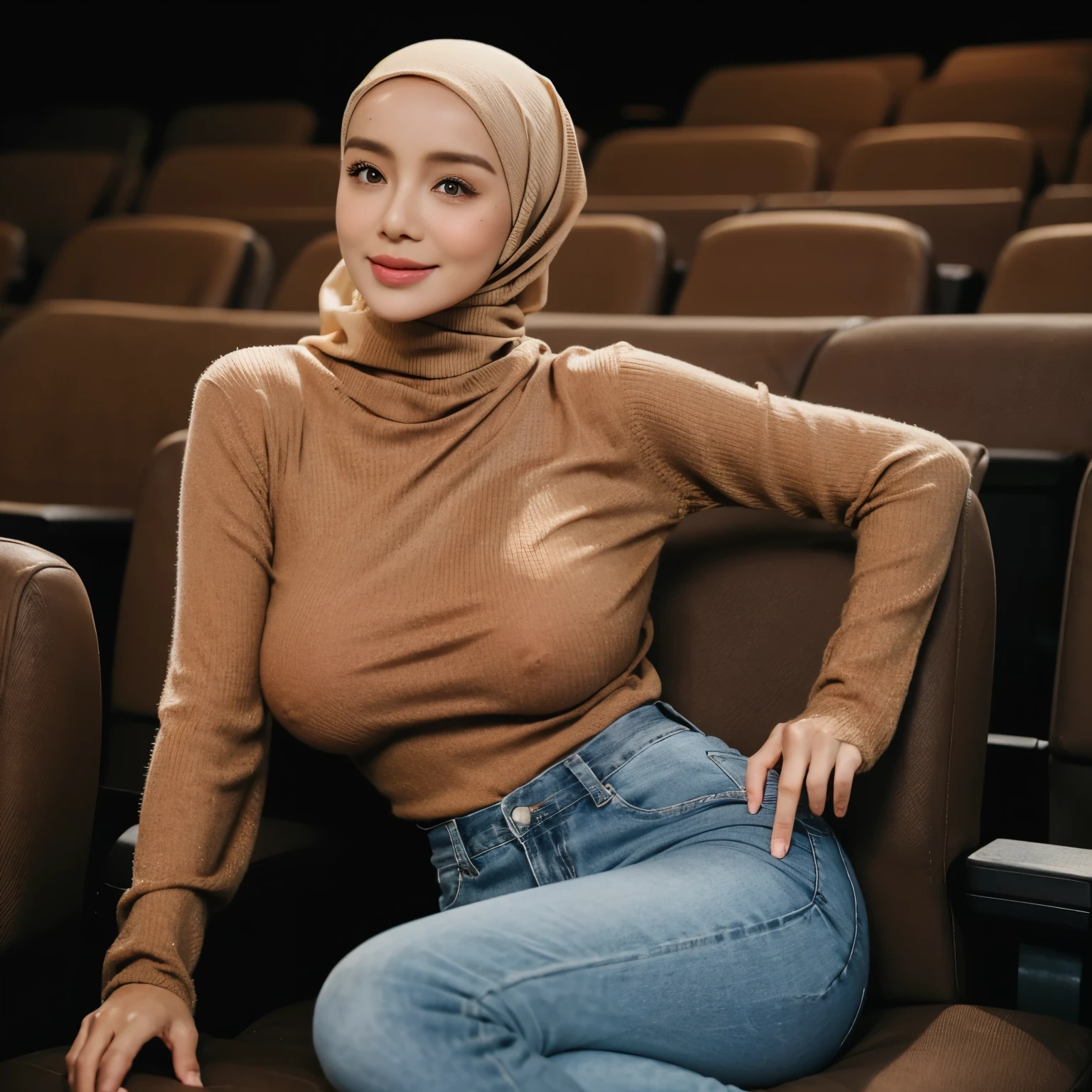 1 lady, wearing a brown colour sweater, wearing a long jeans, sitting in a cinema, (wearing a peach hijab), hijab covers her whole hair, ( 1.6), sweet, thin waist, half body front shot, sticking out tongue, (dark background)