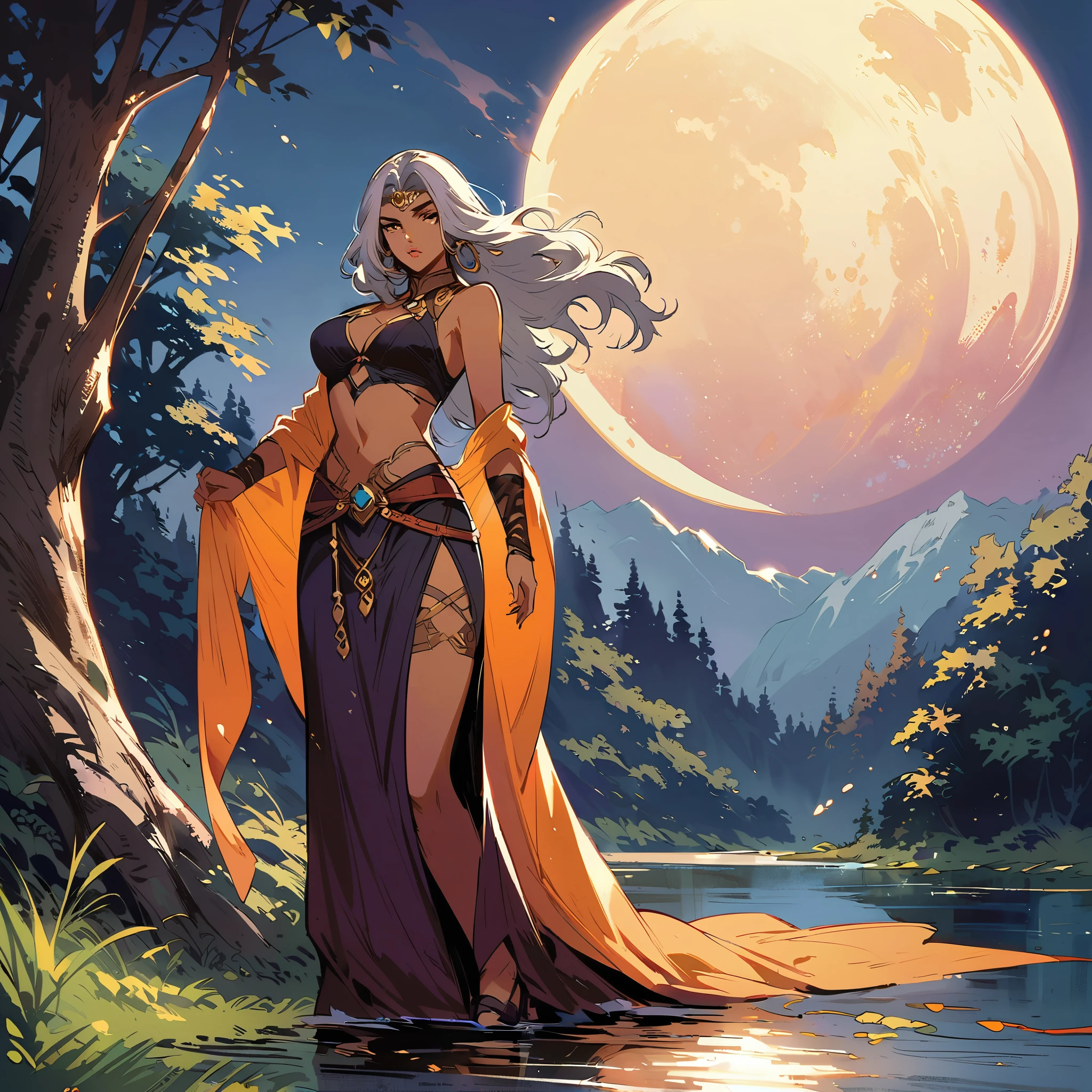 female druid of the moon goddess,sultry,pale,with a dark fantasy illustration against a large moon in a glade with a lake, in the style of Yoji Shinkawa. Dragon Age concept art.