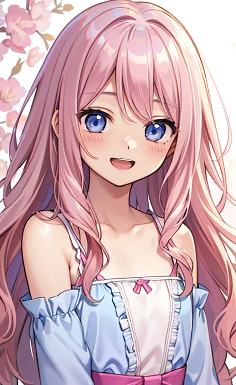 (masterpiece:1.4、top-quality、illustration:,realistic、)、(character focus、,upper body:1.3)、(1girl),(Open mouth happy smile:1.3),(cute),cute face,blue eyes、(tareme:1.3)、
,(stand:1.4),(pink blonde　hair),
,(slender),（loose dress:1.3),
(sidelocks,wavy hair:1.3), (flat chest:1.3)、
、slender、