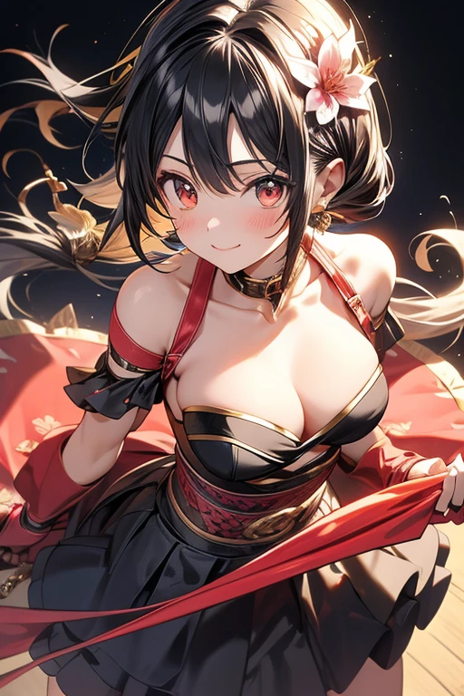  yor briar, anime style beutiful woman, 1girl, happy, smile, with sparkling eyes and a contagious smile:1.1),looking at viewer,red face, closed mouth, beautiful detailed eyes, super detailed skin, backlighting, ???? shoulders, black background, black dress, black gloves, black hair, ???????, dress, earrings, fingerless gloves, floating hair, floral print, flower, gloves, gold earrings, gold hairband, hair flower, hair ornament, hairband, holding, holding weapon, jewelry, ?????????????, long hair, looking at viewer, off-shoulder ?????????? shoulder,red eyes, short hair with long locks, sidelocks, solo, spikes, thighs, two-sided dress, two-sided fabric, weapon, fighting stance , face, close up, from above, highest quality, high resolution. 