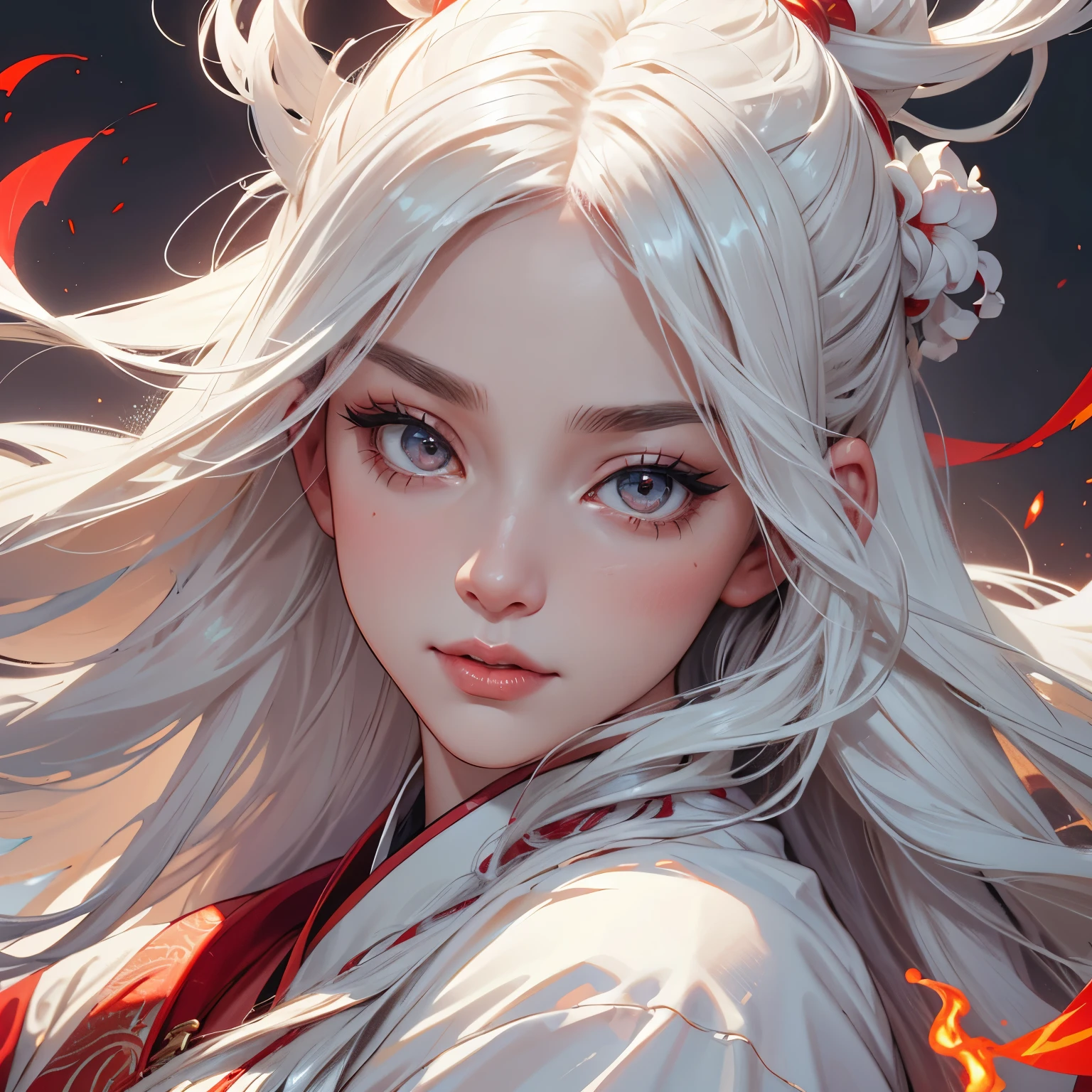 portrait, detailed face, fantasy, asia, dynamic pose, gorgeous woman, beautiful lord, woman about 30 years old, with long white hair, in white Hanfu with scarlet patterns, mysterious look, flame on the background, hd