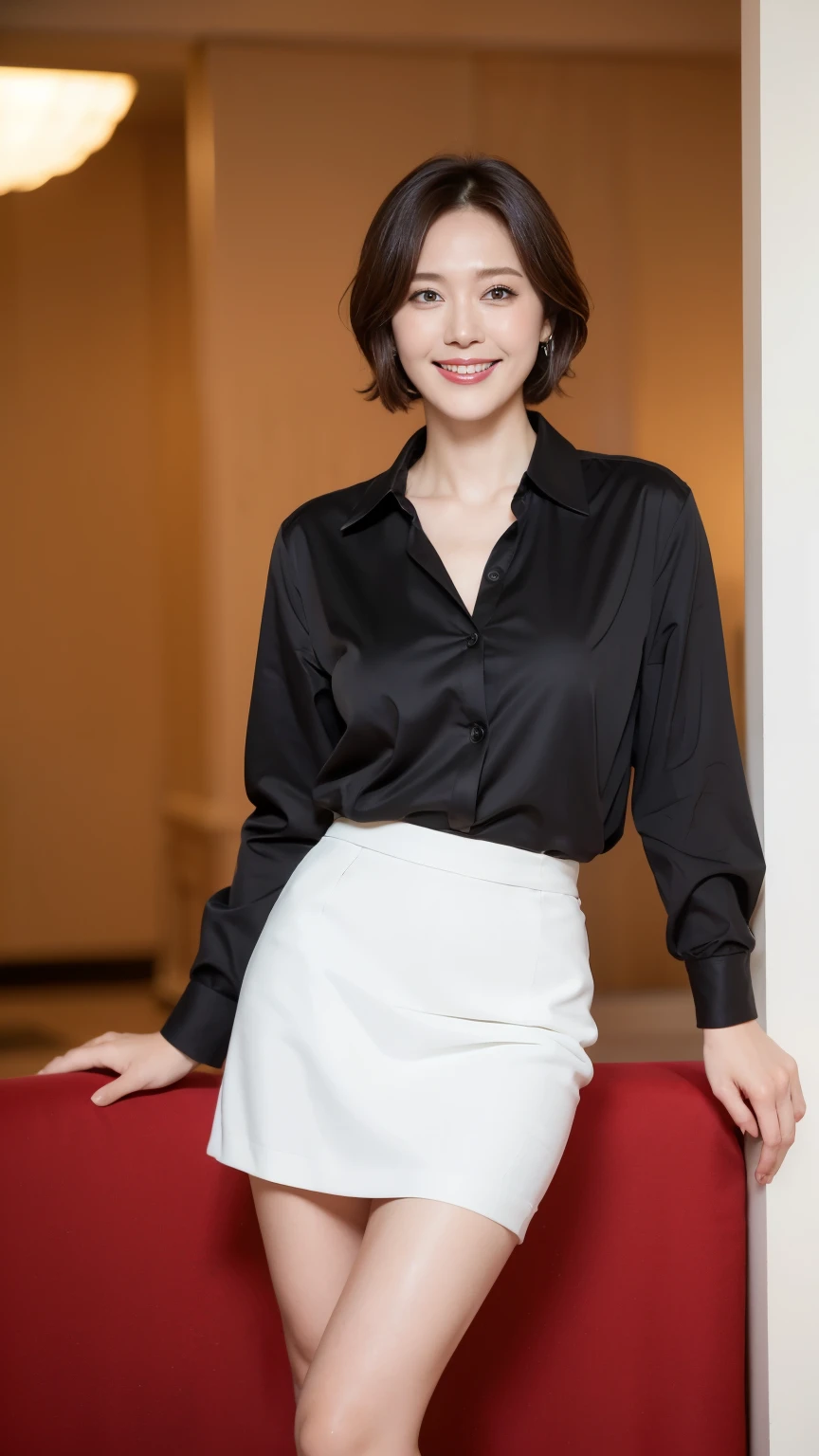 masterpiece,highest quality, (Mature Woman、42 years old), Glare, (White Blazer:1.5), (black collared shirt:1.5), (White pencil skirt:1.5)、double eyelid, eyelash, Lip gloss, (smile:1), (Looking at the audience、Full body image、Are standing), (Modern hotel lobby:1.6)、Written boundary depth、尖ったRed Mouth、(Black wet shiny short hair),Red Mouth,clavicle、(Full body portrait:1.6)、Digital Illustration, (Realistic:1.3),(RAW Photos.)