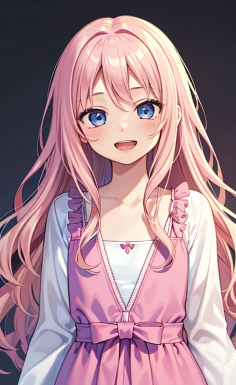 (masterpiece:1.4、top-quality、illustration:,realistic、)、(character focus、,upper body:1.3)、(1girl),(Open mouth happy smile:1.3),(cute),cute face,blue eyes、(tareme:1.3)、
,(stand:1.4),(pink blonde hair),
,(slender),(loose dress:1.3),
(sidelocks,wavy hair:1.3), (flat chest:1.3)、
、slender、