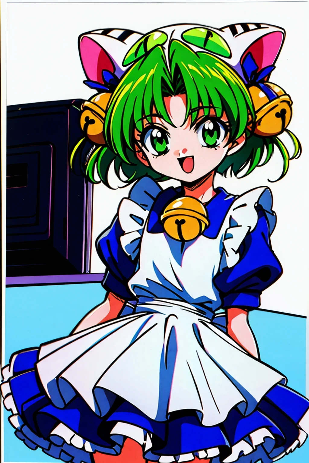 (masterpiece:1.3),(highest quality:1.4),(Super detailed:1.5),High resolution,Very detailed,unity 8k wallpaper,Official Art,Perfect Anatomy,(Anime screenshots:1.11),(90s Anime,90s Anime style,Cel-shaded anime:1.17),((alone:1.52)),(1990s \(style\), retro artstyle:1.5),(anmnr:1.7),
((dejiko:1.52)), 1girl, solo, green hair, short hair, green eyes, jingle bell, hair ornament, animal hat, cat ears, cat hat, gloves, white apron, blue dress,Open Mouth Smile,In front of the cash register,