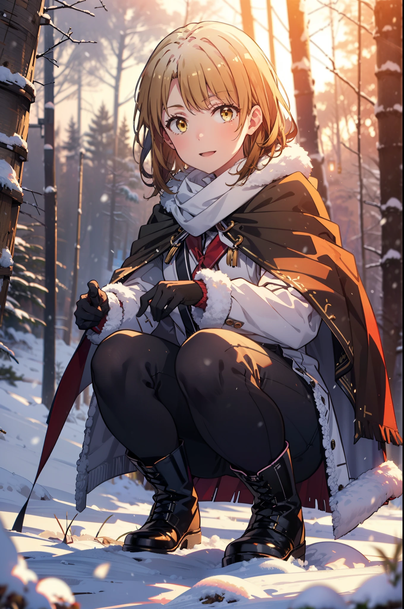 irohaisshiki, Iroha Isshiki, short hair, Brown Hair, (Brown eyes:1.5), smile,
Open your mouth,snow, food, fire, Outdoor, boots, snowing, From the side, wood, suitcase, Cape, Blurred, forest, gloves, nature, Brown eyes, red gloves, Squat, Mouth closed, Cape, winter, Written boundary depth, Black shoes, red Cape break looking at viewer, Upper Body, whole body, break Outdoor, forest, nature, break (masterpiece:1.2), highest quality, High resolution, unity 8k wallpaper, (shape:0.8), (Beautiful and beautiful eyes:1.6), Highly detailed face, Perfect lighting, Highly detailed CG, (Perfect hands, Perfect Anatomy),