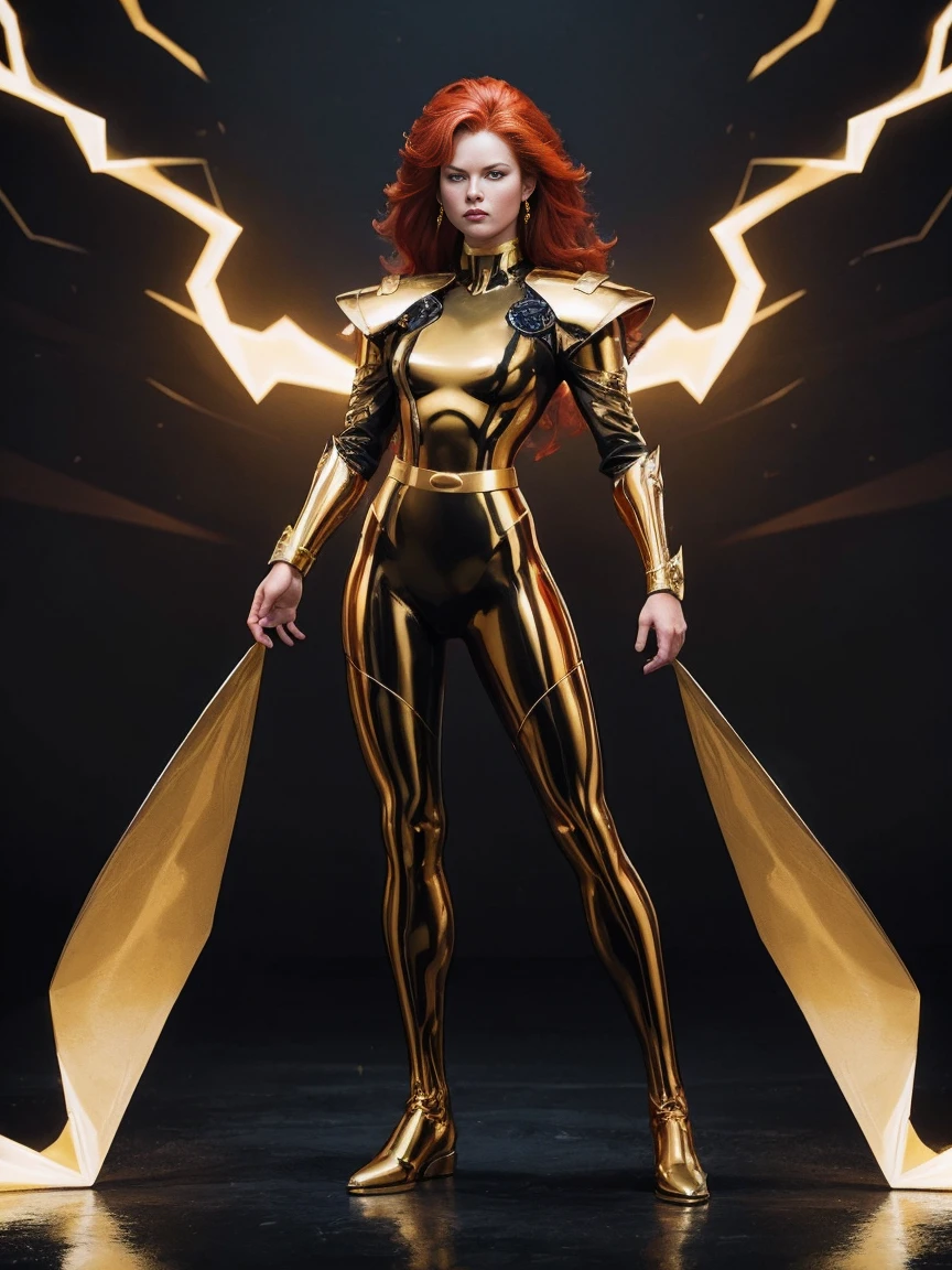 ((Full body photo,standing, feet on the ground))CARTOON_X_MENs_Storm,A red-haired warrior girl with yellow eyes wearing black and gold CARTOON_X_MENs_Storm, armor