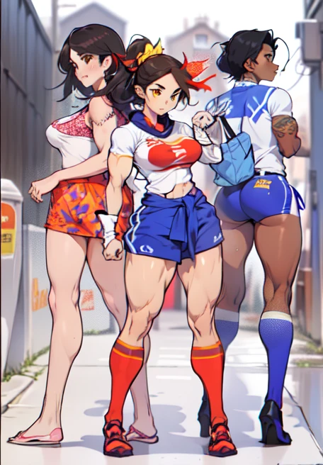 3 girls (((3 girls))), (((slim muscular girl thin muscular girl slim cut physique girl thin waist large breasts skinny))) very dark skin black skin very dark brown skin black hair yellow eyes back alley darkatmosphere trash bins blowing paprs in the wind